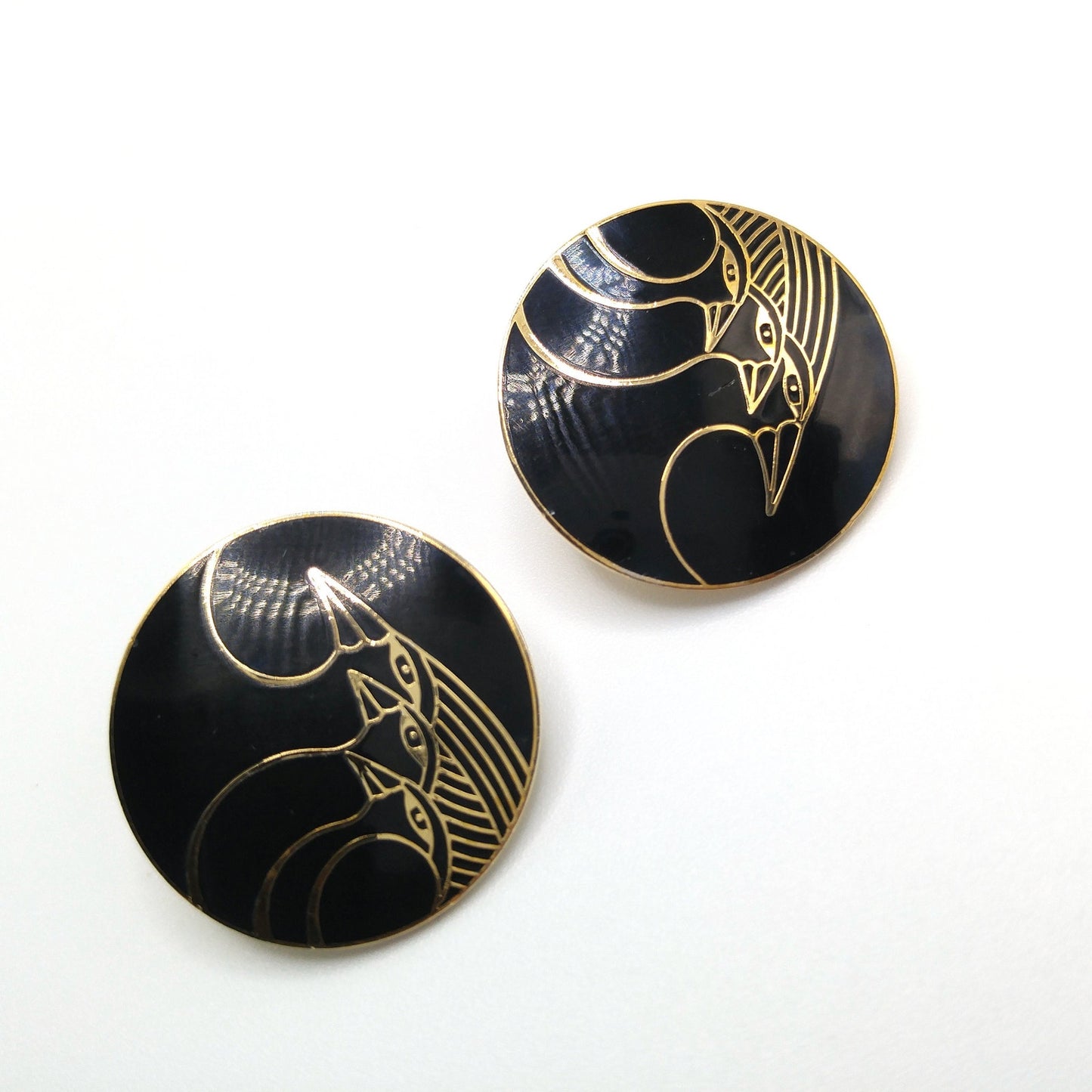 Vintage Laurel Burch "Celestial Birds" Clip Earrings, Black Enamel, Gold Plated