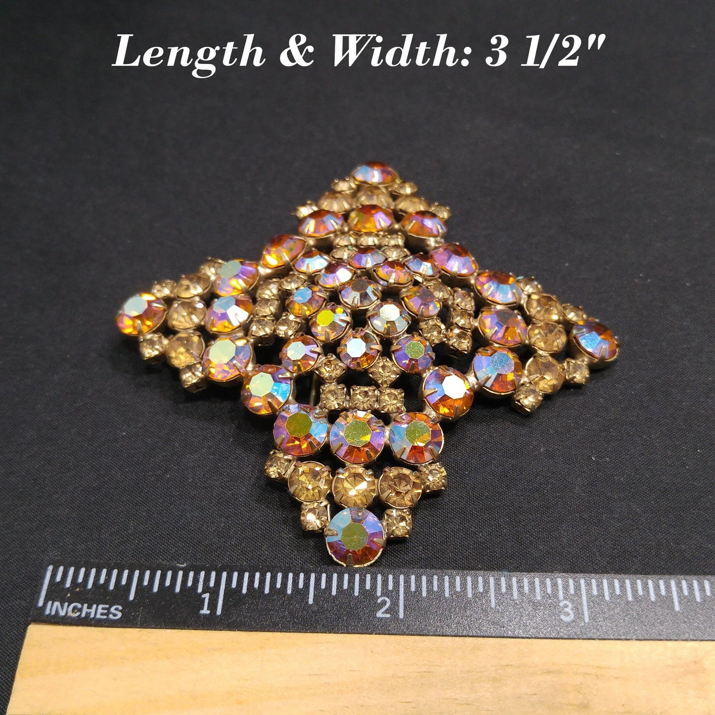 Topaz Glass Rhinestone Large Brooch, Aurora Borealis, 1960s Vintage Jewelry