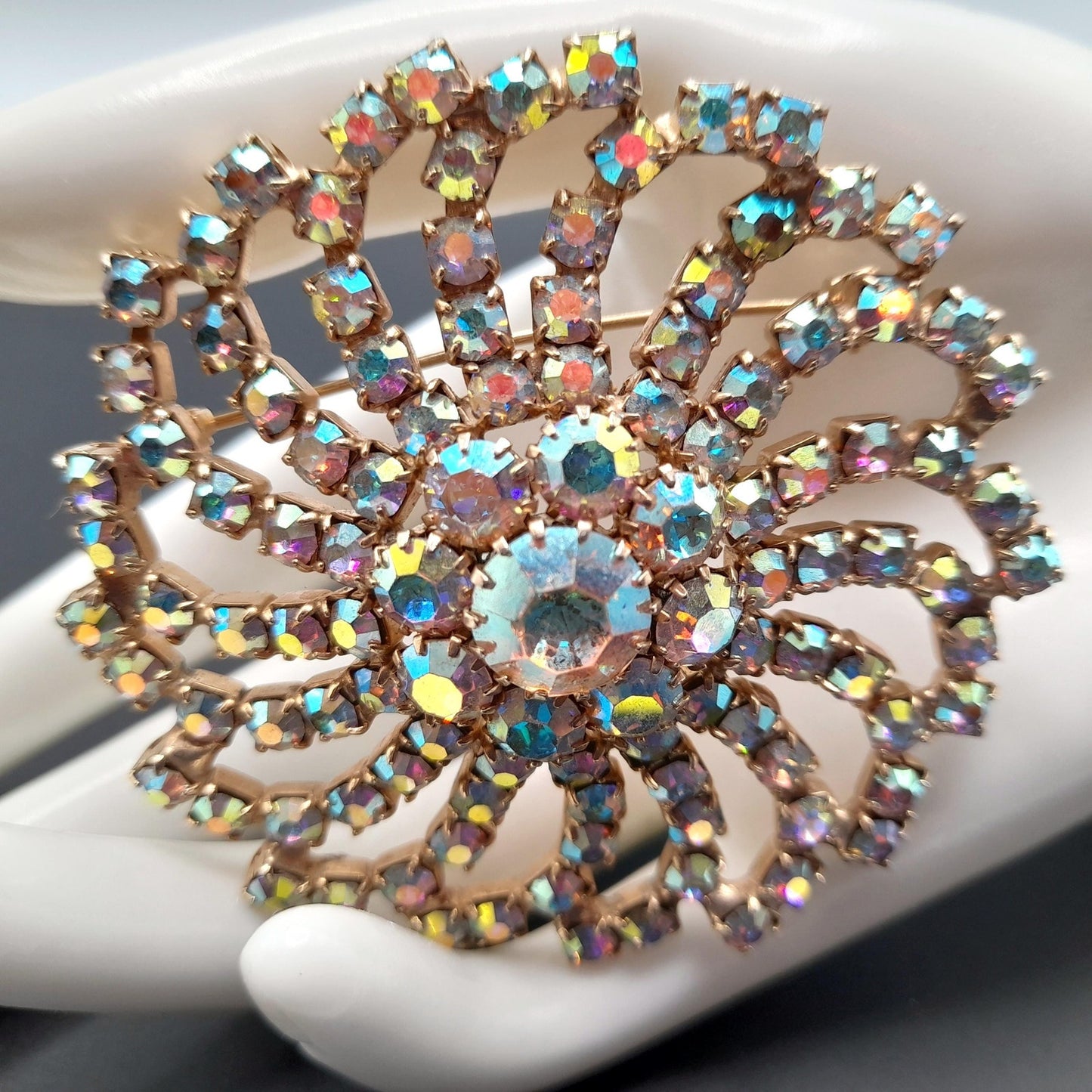 Mid-Century Aurora Borealis Rhinestone Brooch, Gold Plated, 1960s Vintage Jewelry