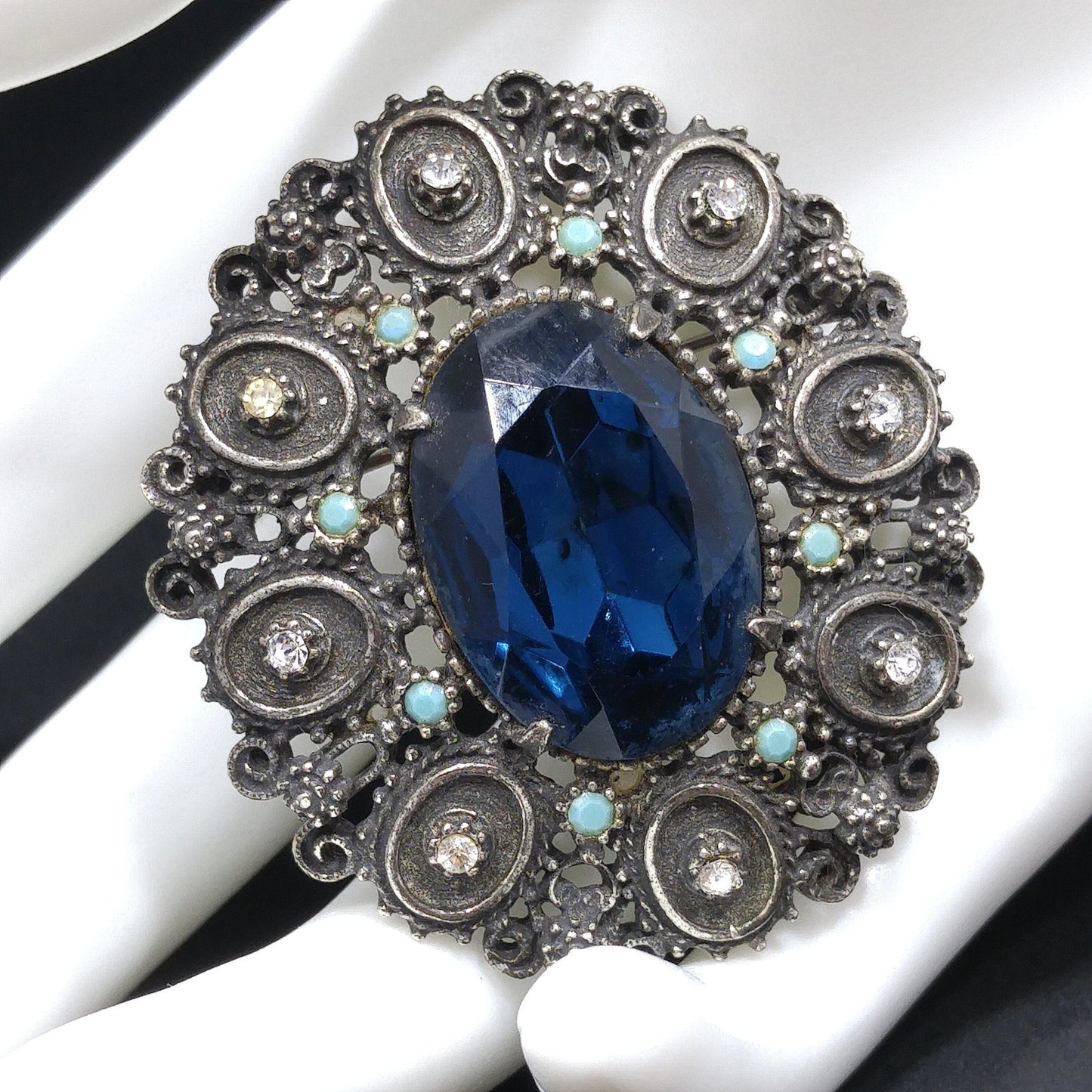Florenza Blue Faceted Glass Brooch & Pendant, Antique Silver Tone, Gold Plated, 1950s Vintage Jewelry