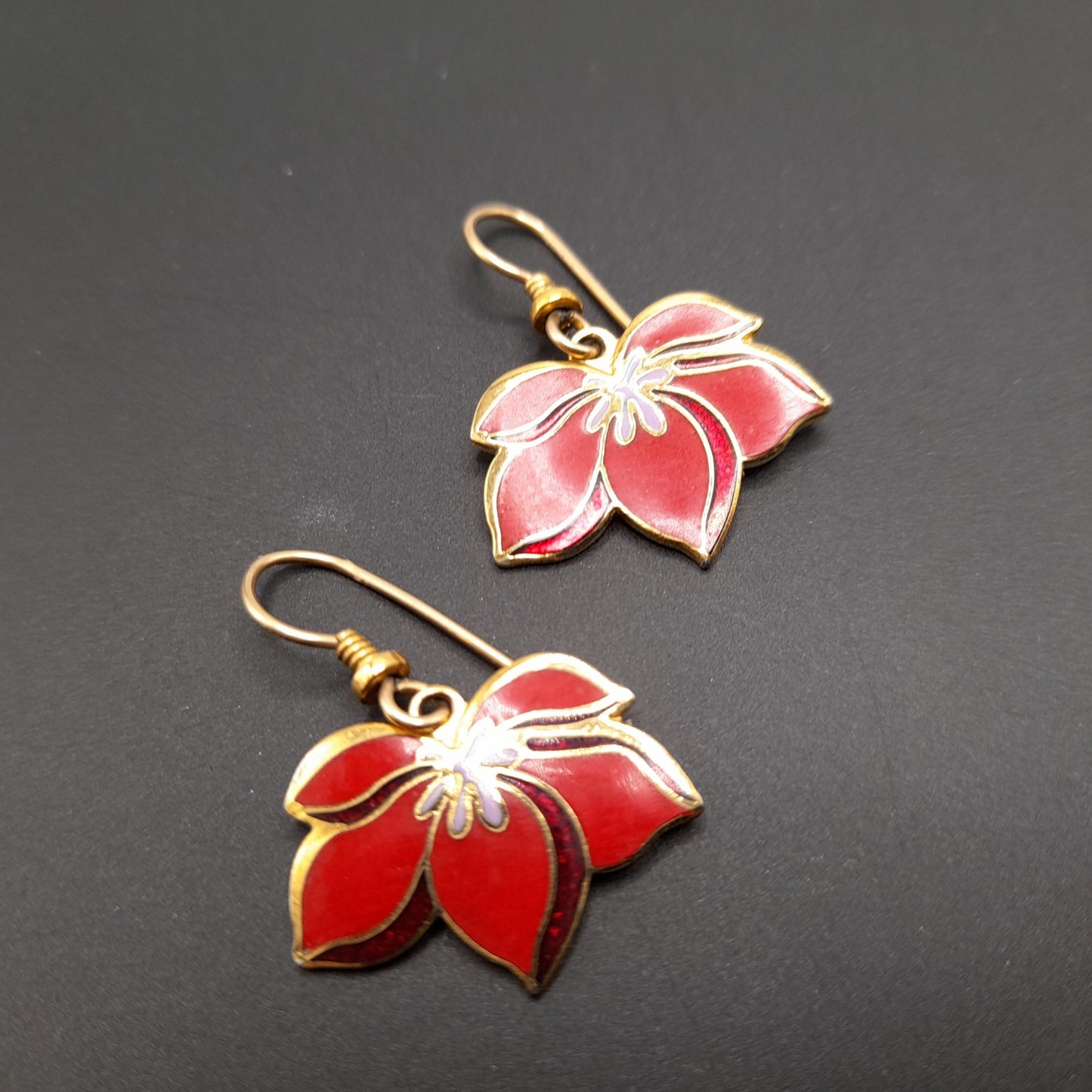 Vintage Laurel Burch "Pear Blossom" Earrings, Gold Plated, Red Enamel