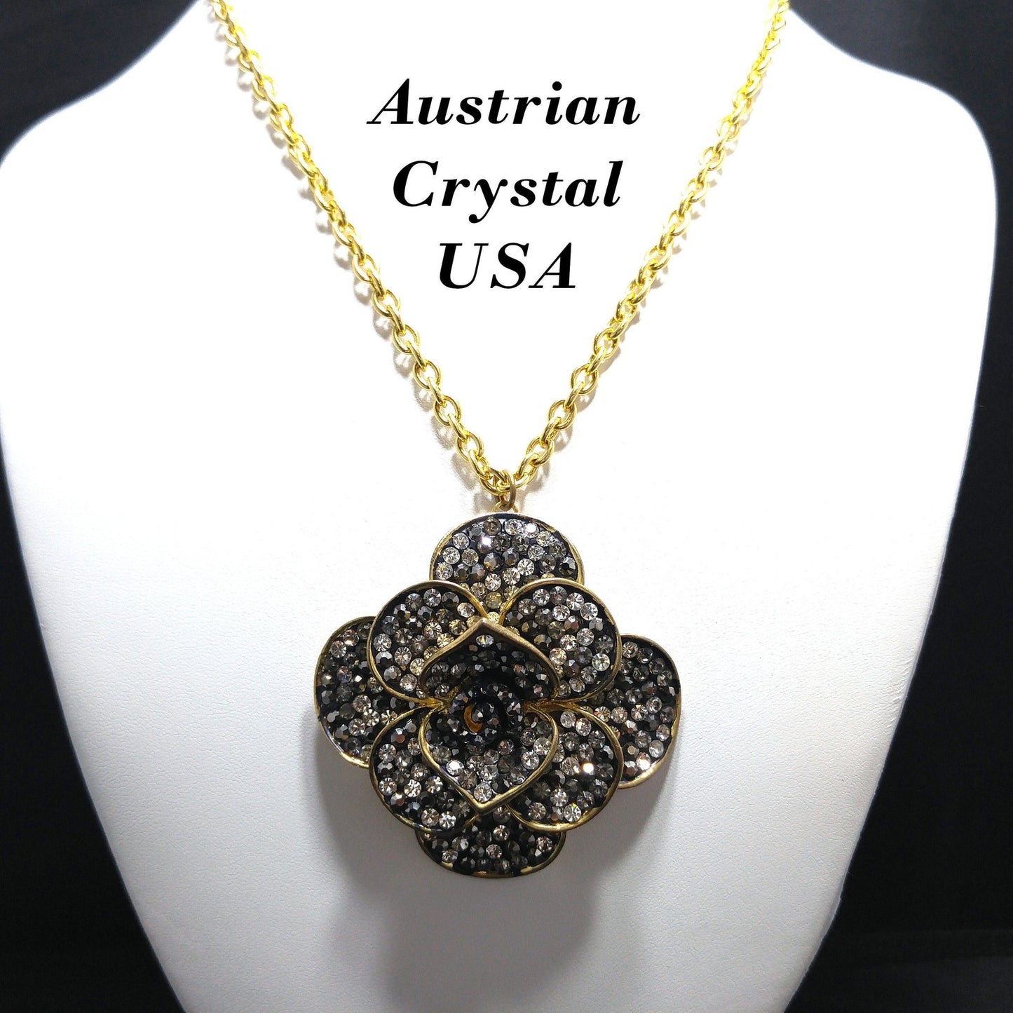 Austrian Crystal Flower Pendant Necklace, Gold Plated, 1980s Vintage Jewelry