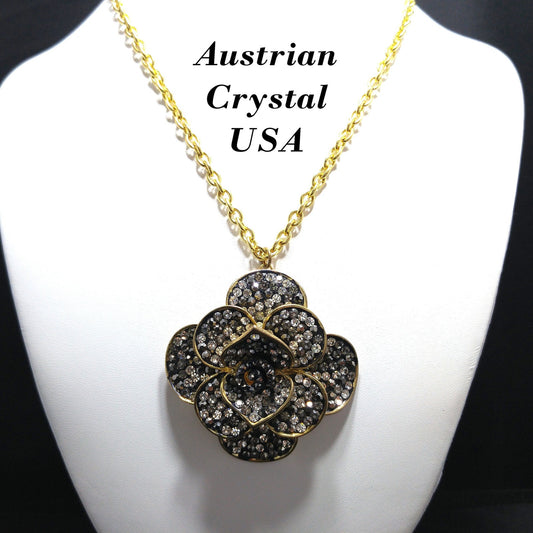 Austrian Crystal Flower Pendant Necklace, Gold Plated, 1980s Vintage Jewelry