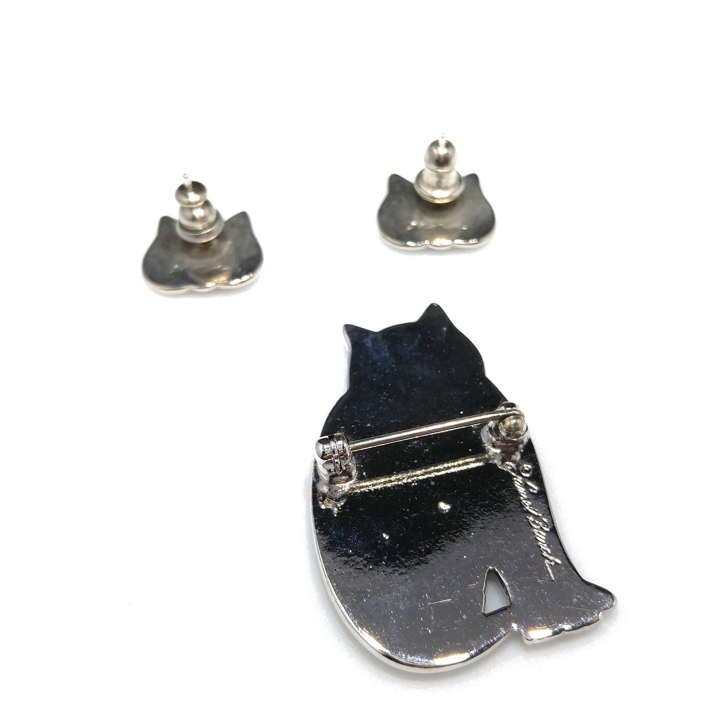 Laurel Burch Cat Brooch & Earrings, Rhodium Plated, 1980s Vintage Jewelry