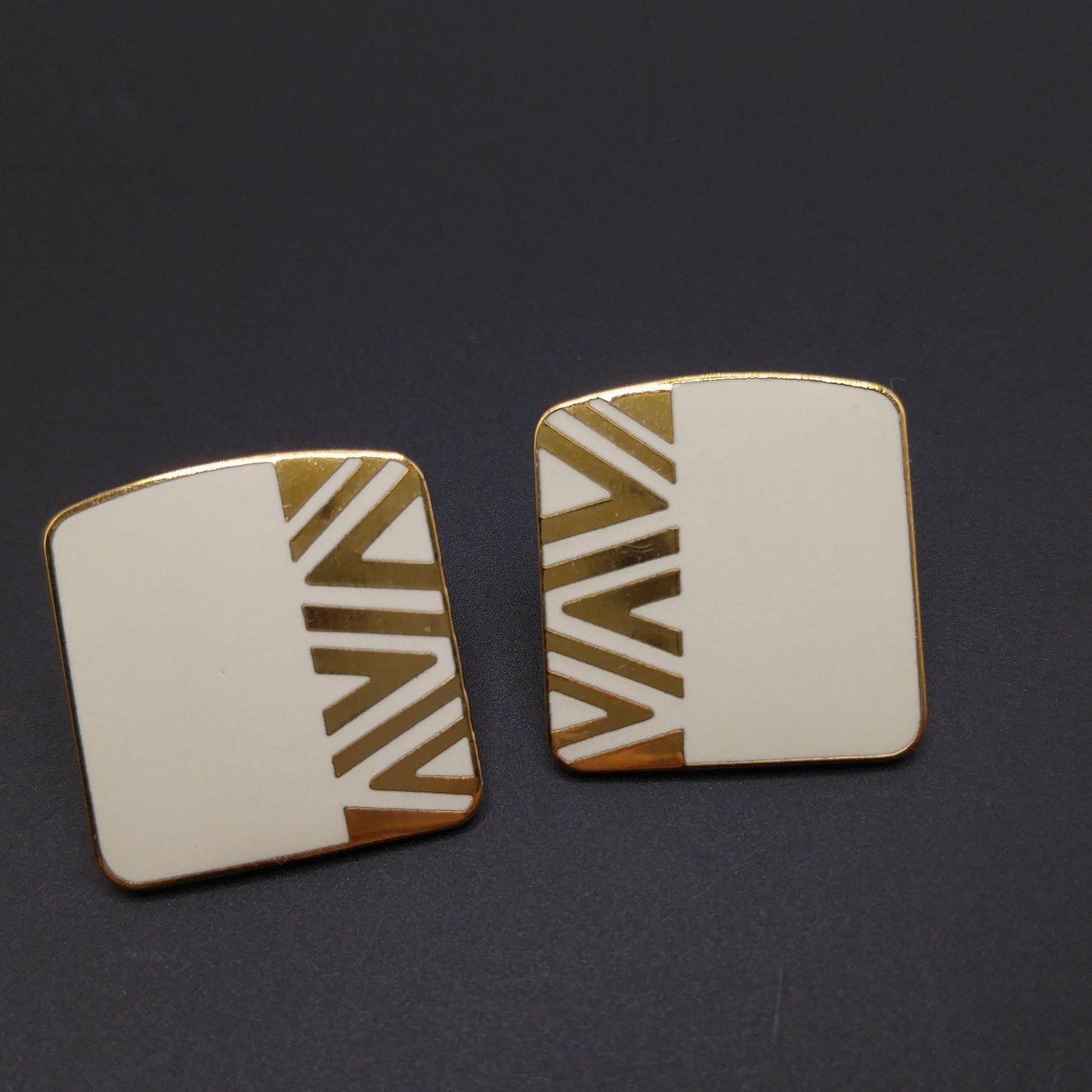 Vintage Laurel Burch "Naito" Geometric Post Earrings, Cream Enamel, Gold Plate
