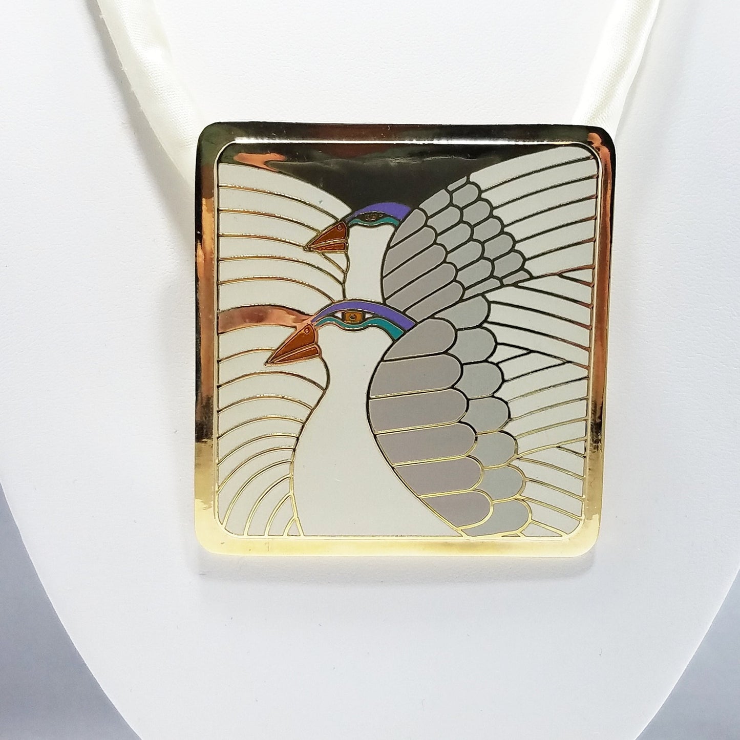 Vintage Laurel Burch "Moon Doves" Pendant Necklace, Gold Plated Cloisonne