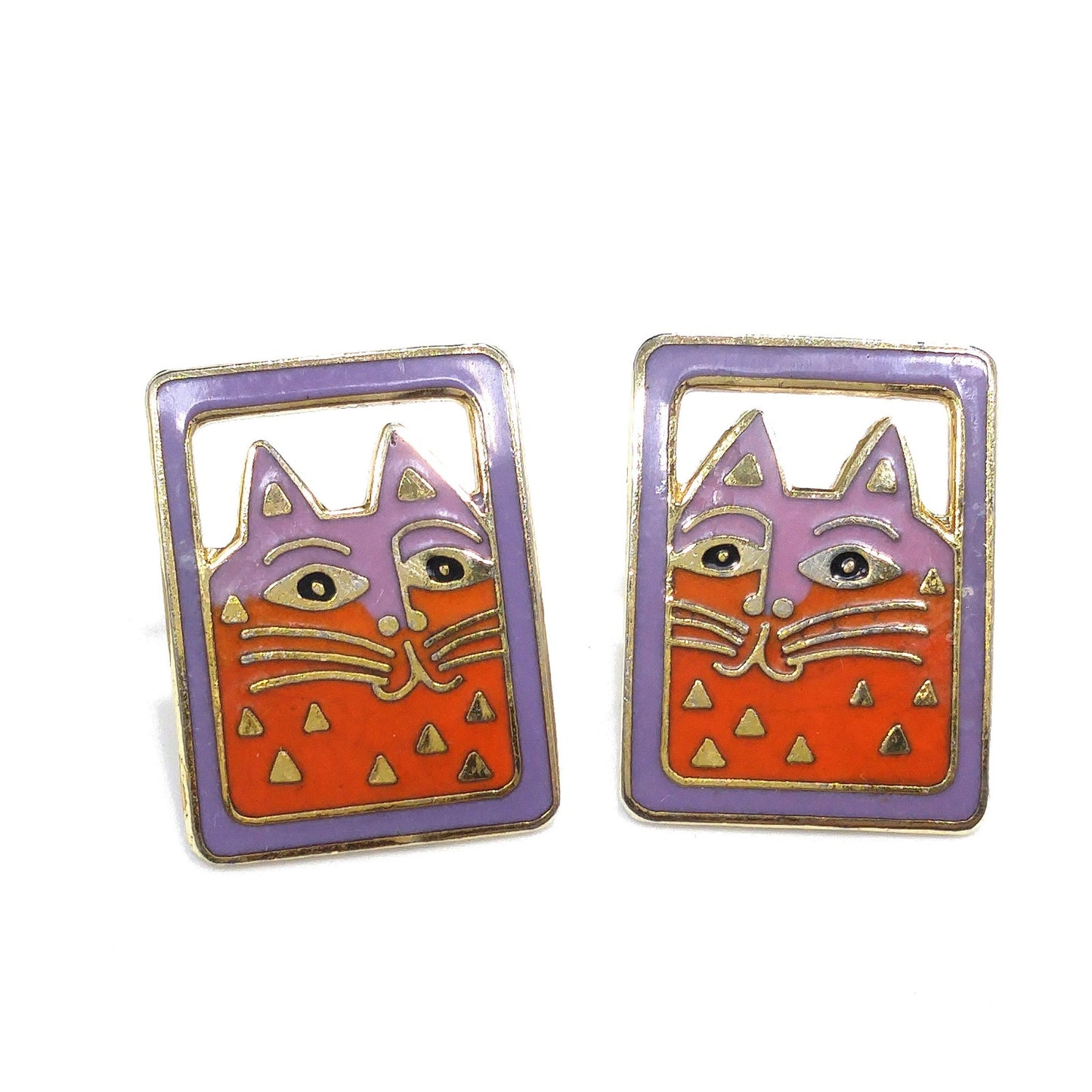 Vintage Laurel Burch "Mallory's Cat" Post Earrings, Gold Plated, Cloisonne