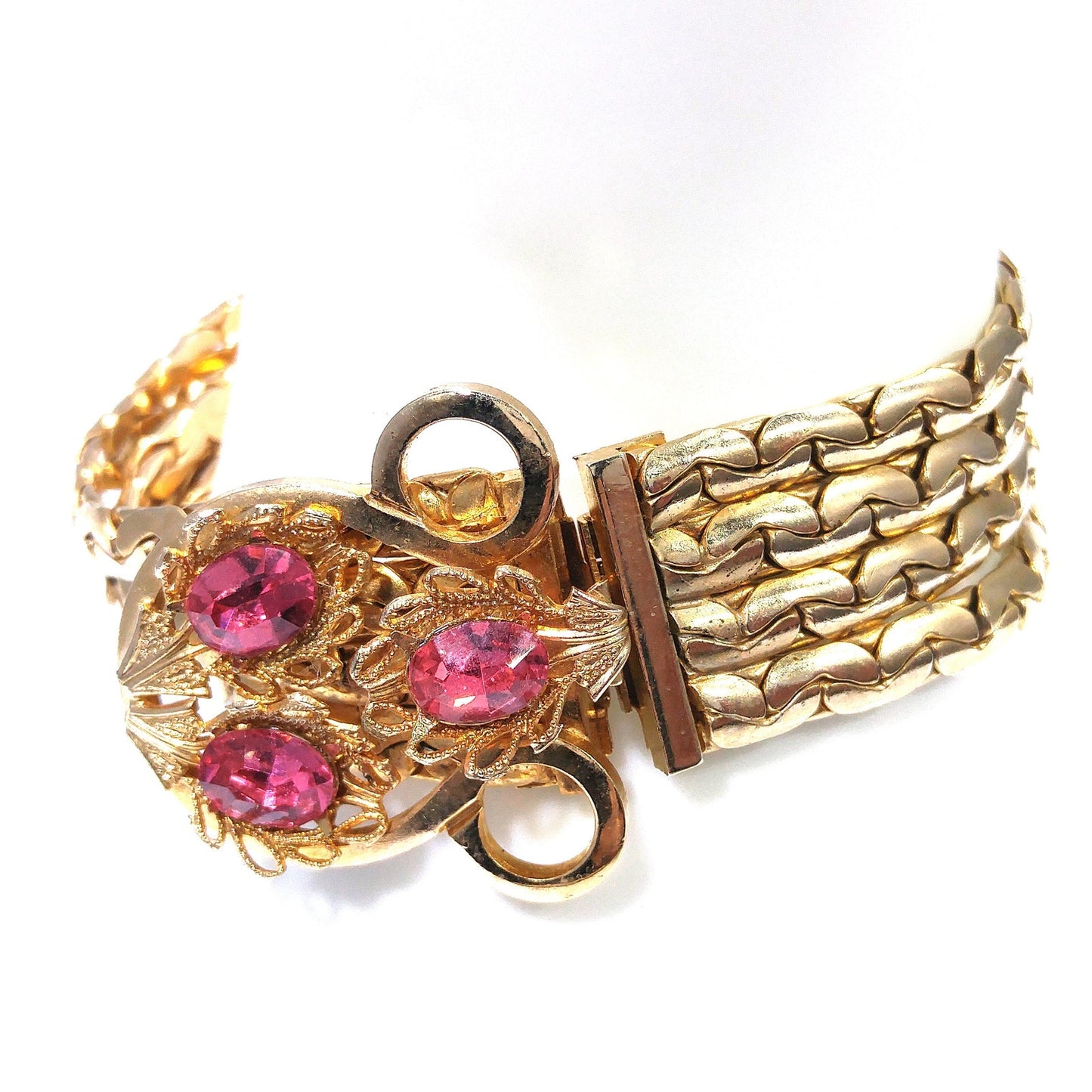 Pink Rhinestone Curb Chain Bracelet, Gold Plated, 1960s Vintage Jewelry