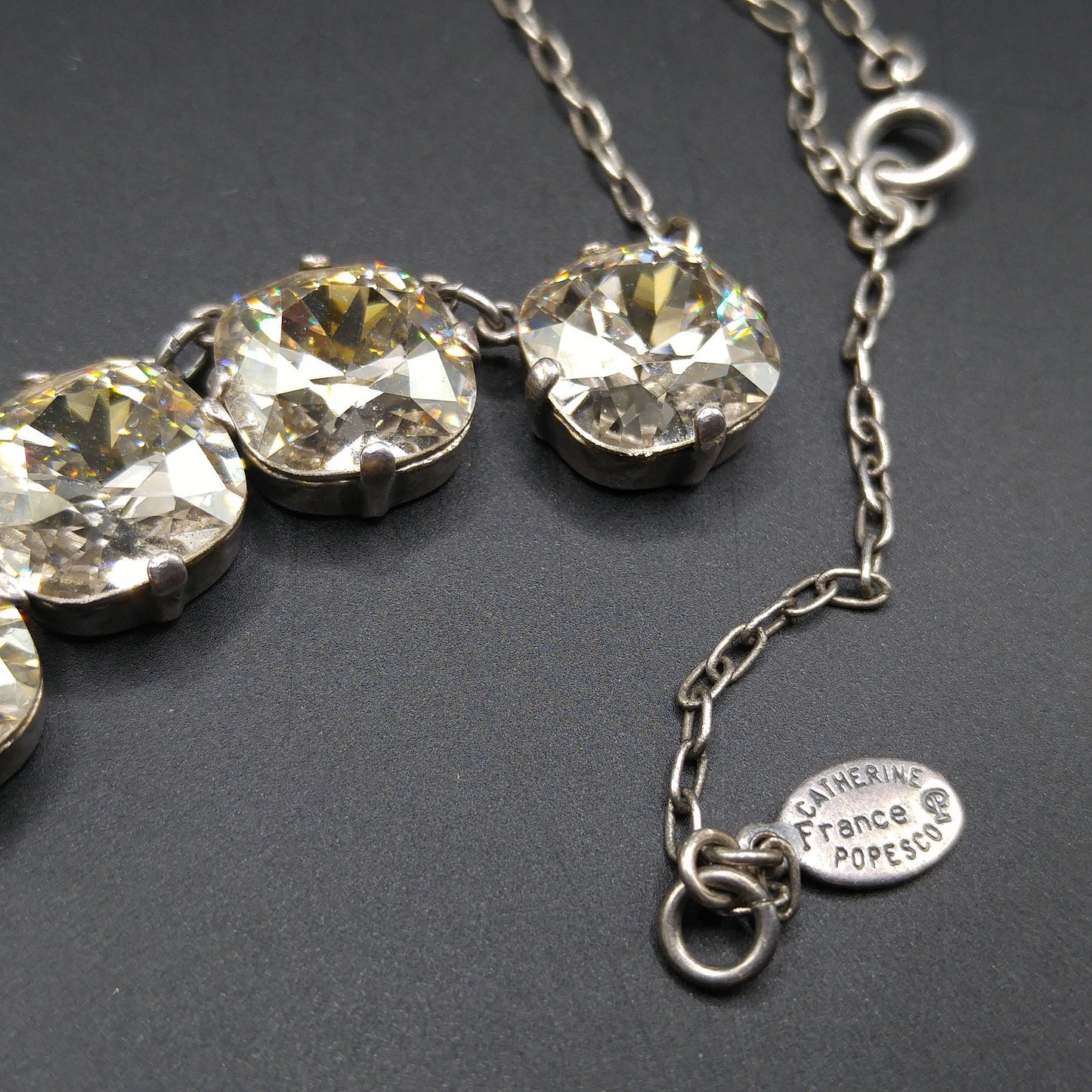 Catherine Popesco Art Deco Style Necklace, Clear Crystal Rhinestones, Silver Plated French Jewelry, 1980s Vintage Necklace
