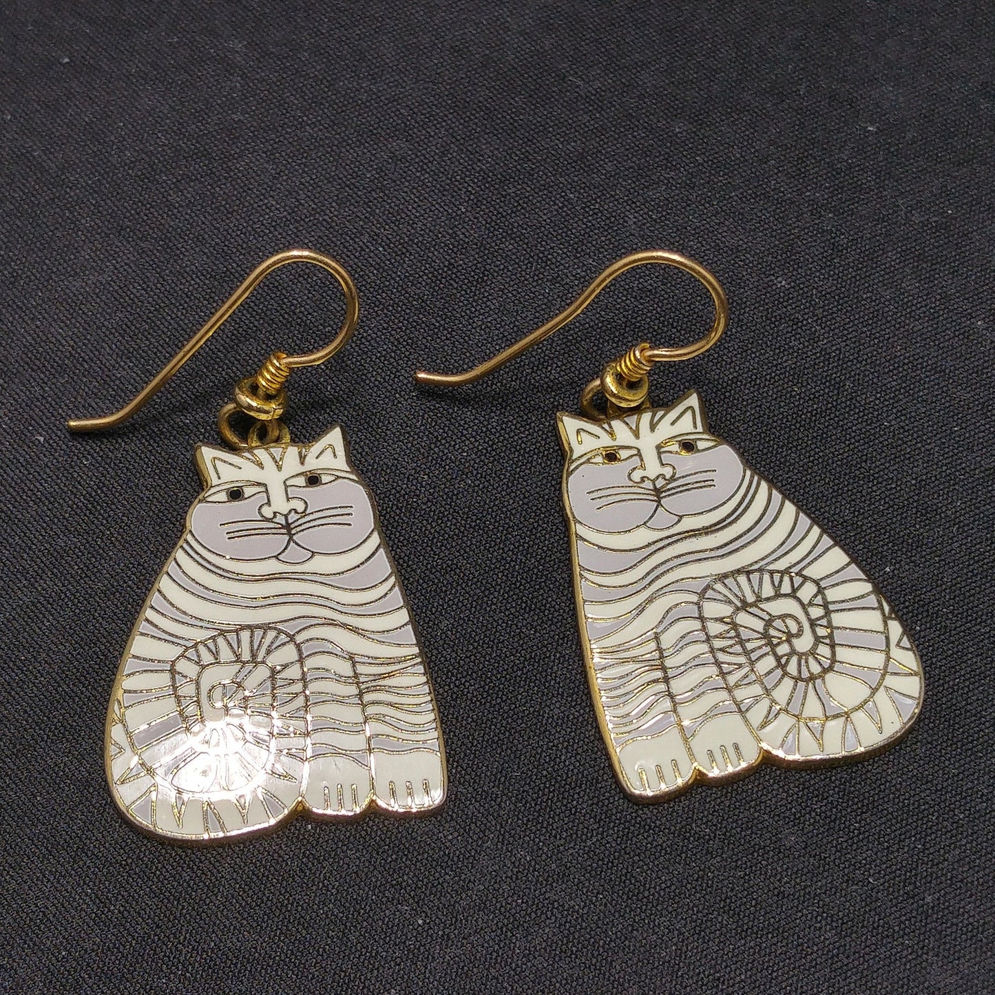 Laurel Burch Shambala Cat Earrings, White Gray Enamel, Gold Plated, 1980s Vintage Jewelry