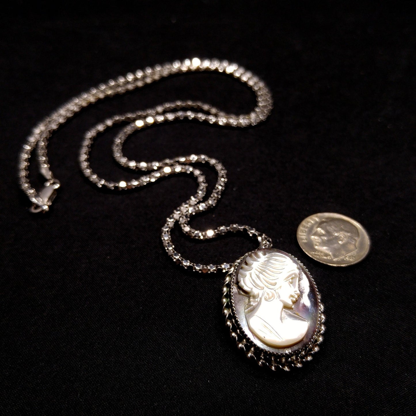 Abalone Shell Cameo Pendant Brooch, 925 Silver Necklace, 1970s Vintage Jewelry