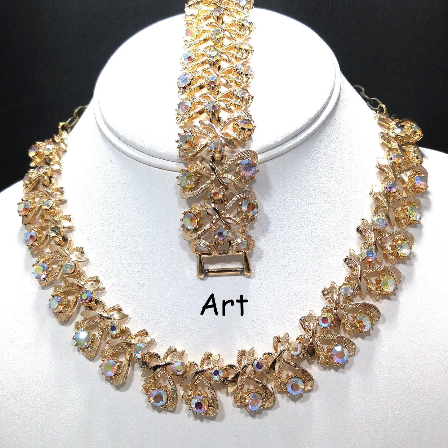 Arthur Pepper "Art" Necklace & Bracelet, Aurora Borealis Rhinestones, 1960s Vintage Jewelry