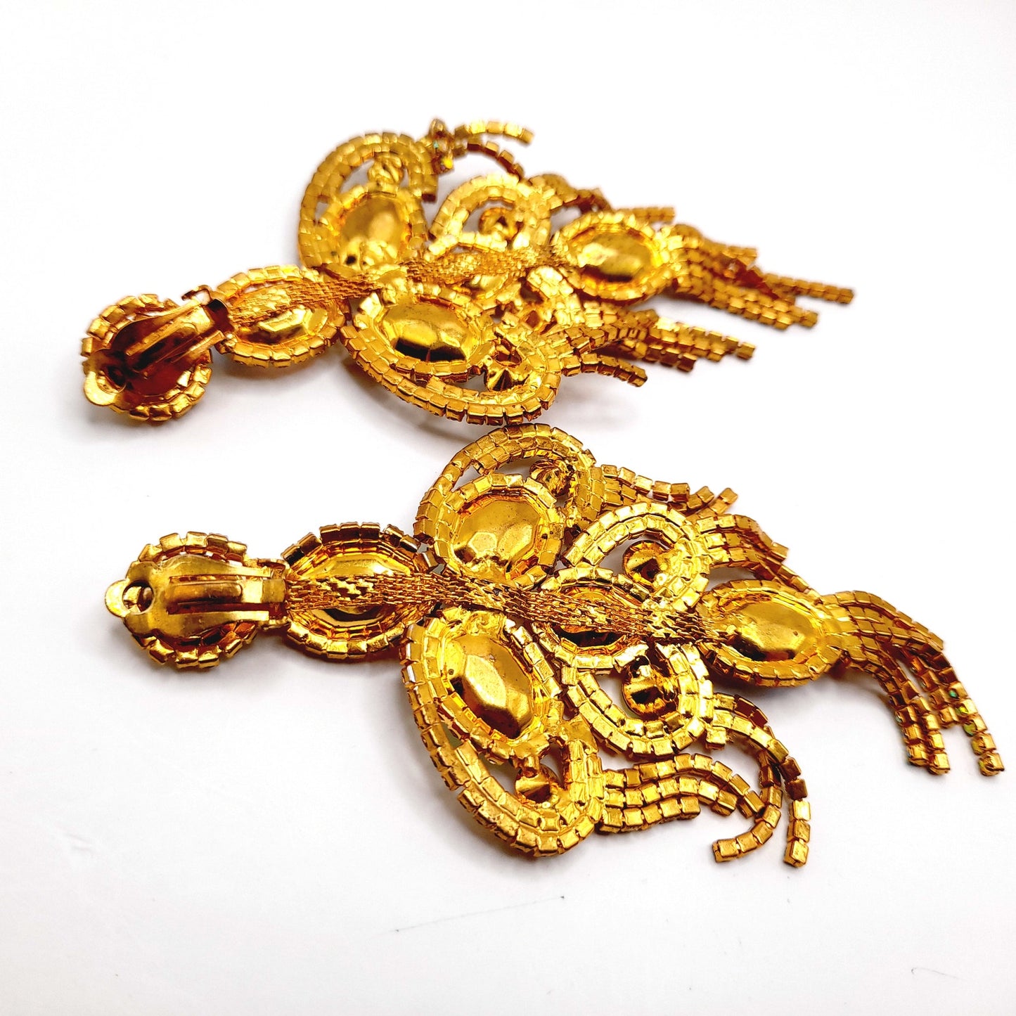 Runway Aurora Borealis Rhinestone Clip Earrings – Gold Tone Statement Jewelry