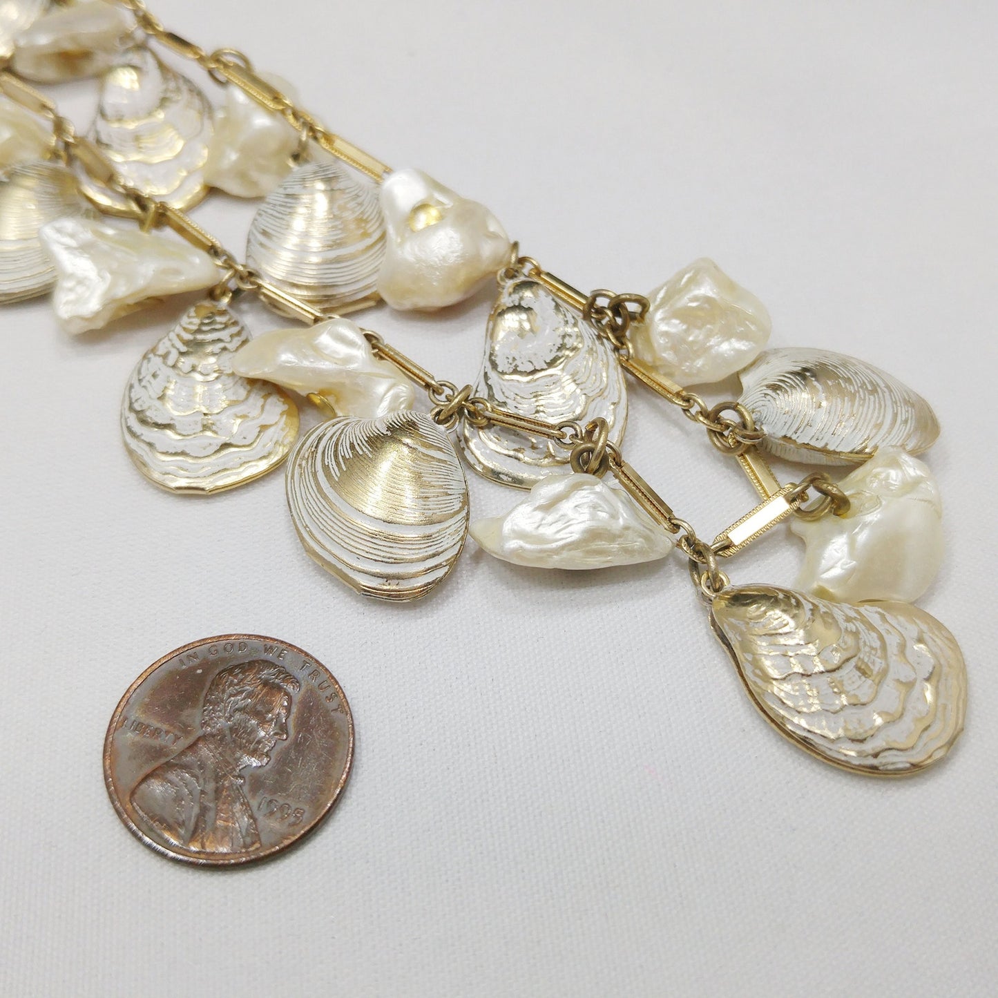 Sea Shell & Faux Pearl Charm Necklace, Gold Tone Chain, 1950s Vintage Jewelry