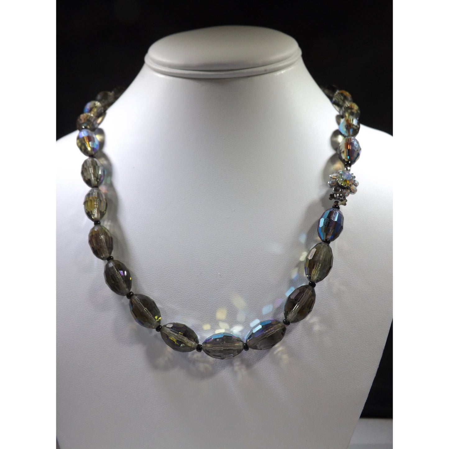 Vintage Chess Oval Aurora Borealis Crystal Beaded Necklace, Rhinestone Clasp, 1960s Vintage Jewelry