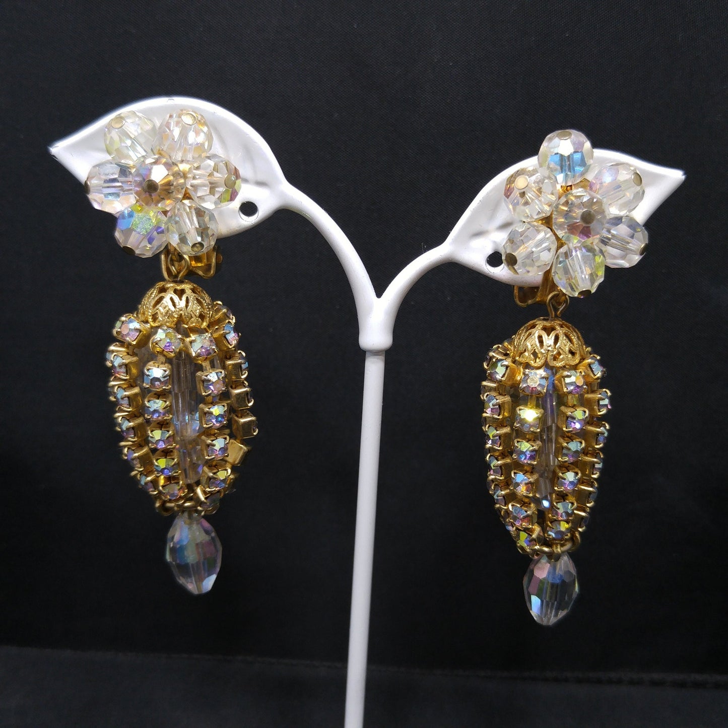 Crystal Rhinestone Dangle Clip Earrings, Aurora Borealis, 1960s Vintage Jewelry