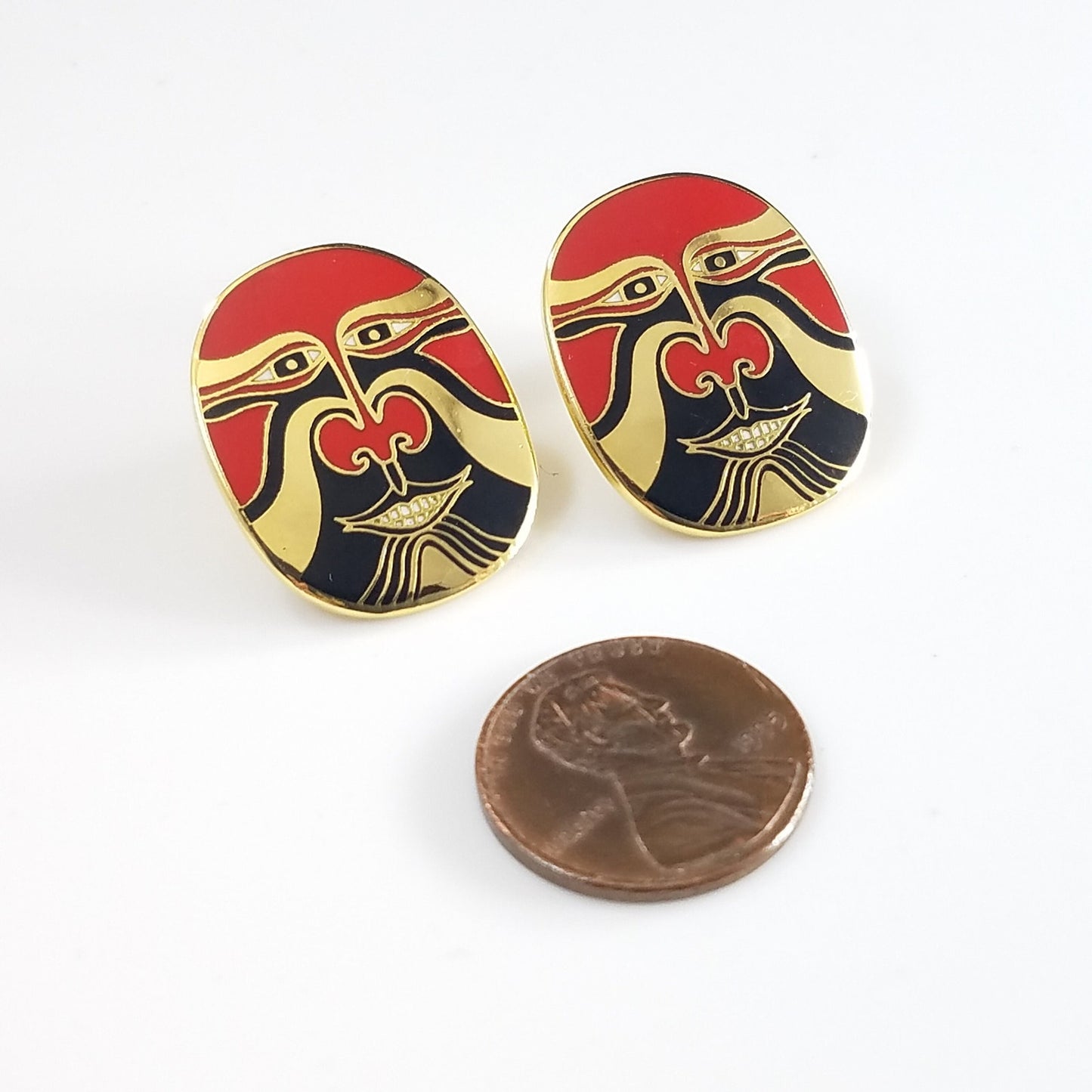 Vintage Laurel Burch "Eiko" Mask Earrings, Red Tribal Pierced Earrings, 1990s