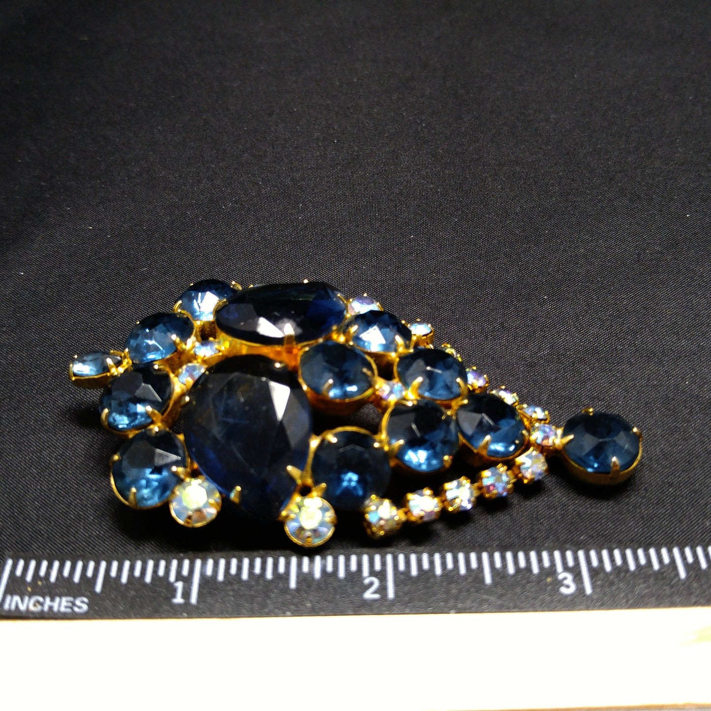 Large Blue Rhinestone Brooch & Pendant, Gold Plated, 1960s Vintage Jewelry