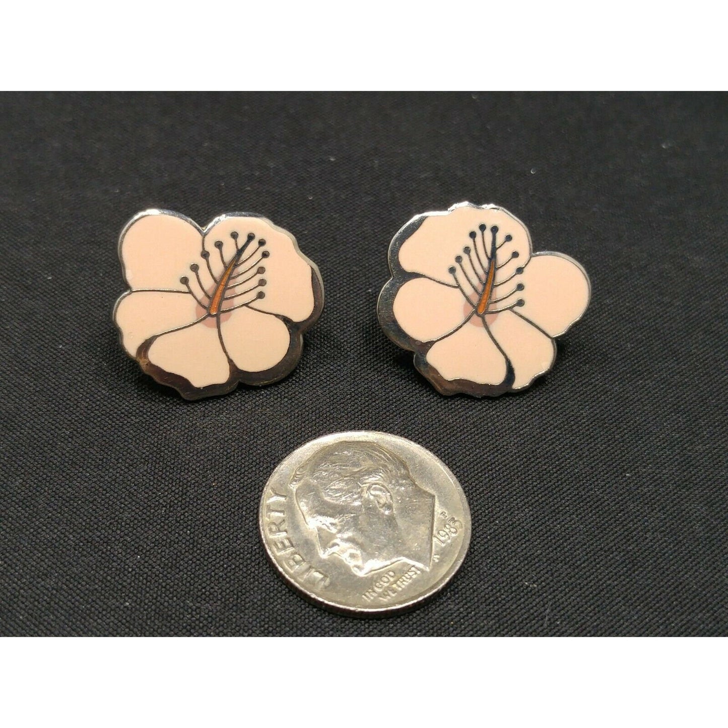 Laurel Burch "Hibiscus" Pink Post Earrings, Rhodium Plated Silver Tone, 1980s