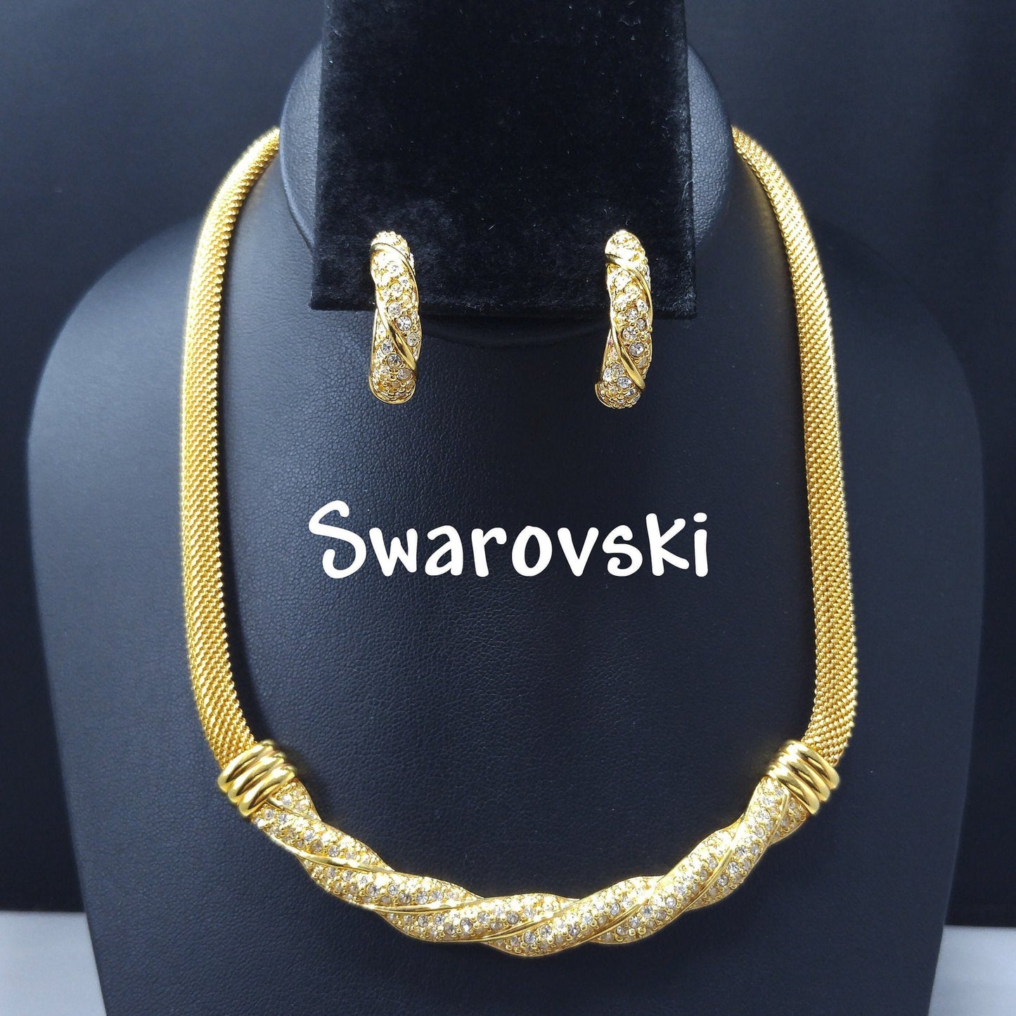 Vintage Swarovski Mesh Necklace & Earrings Set – Gold Plated with Rhinestones
