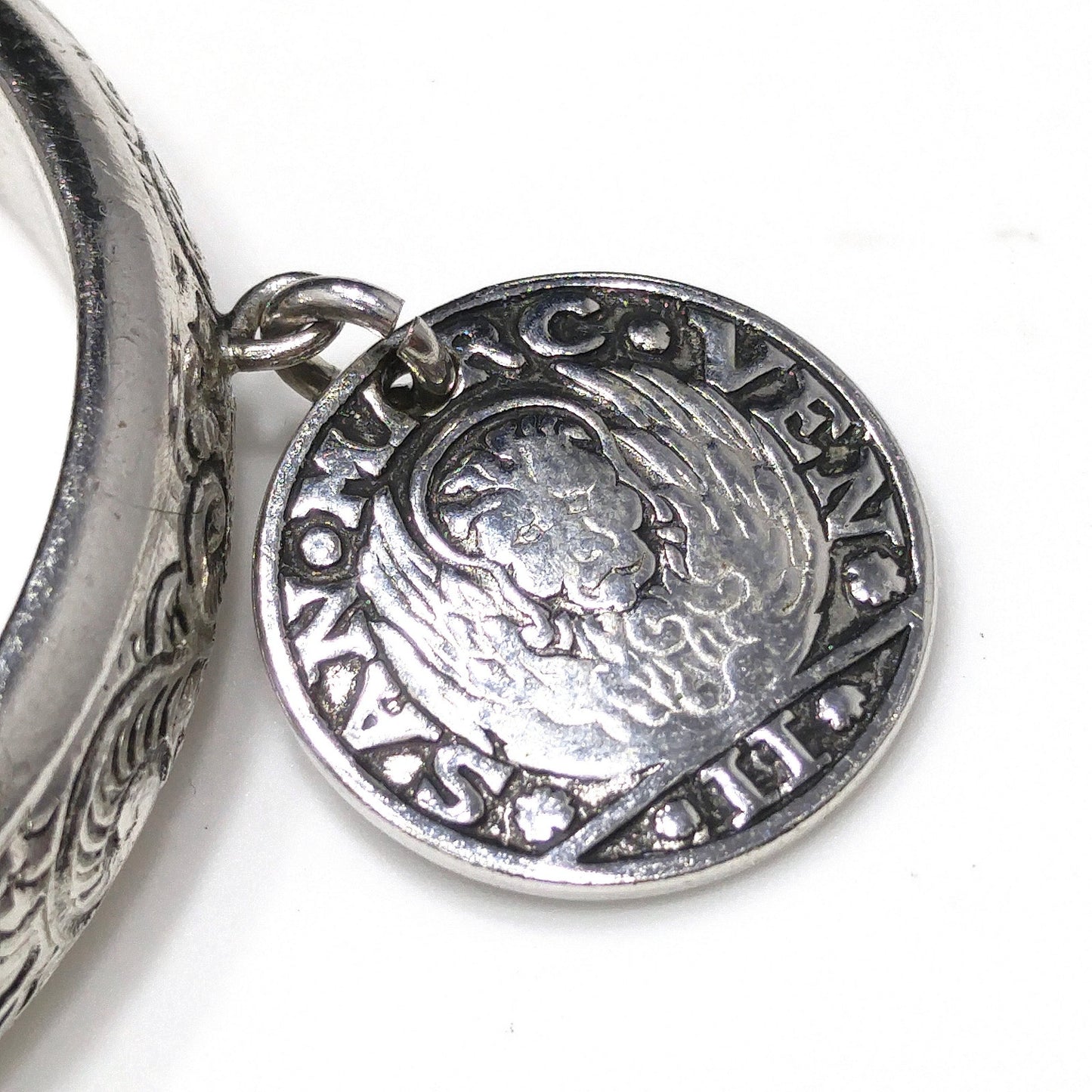 Whiting & Davis Hinged Bracelet, Six Faux Coins, Book Piece, 1980s Vintage Jewelry
