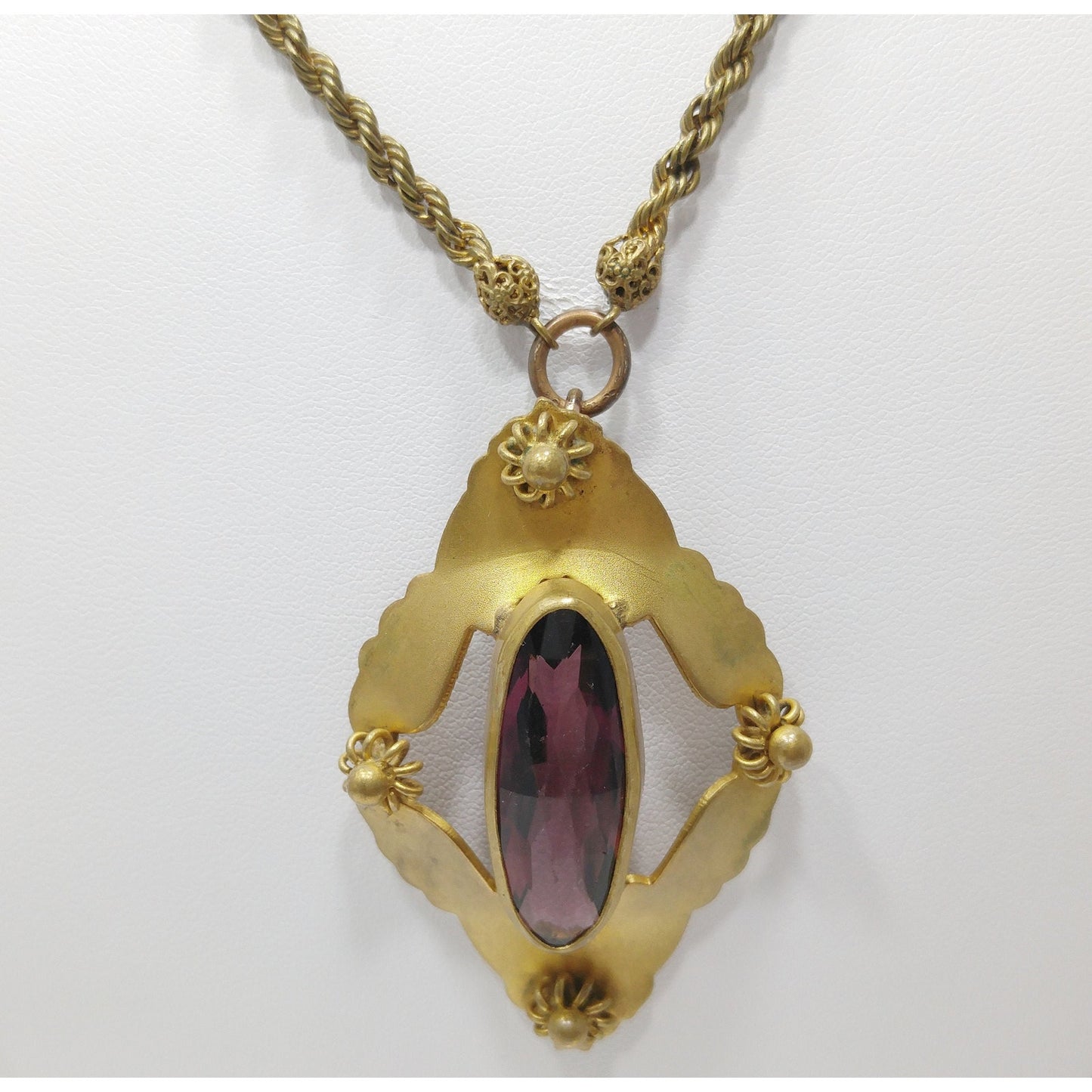 Victorian Purple Glass Pendant Necklace, Golden Brass, Early 1900s Vintage Jewelry