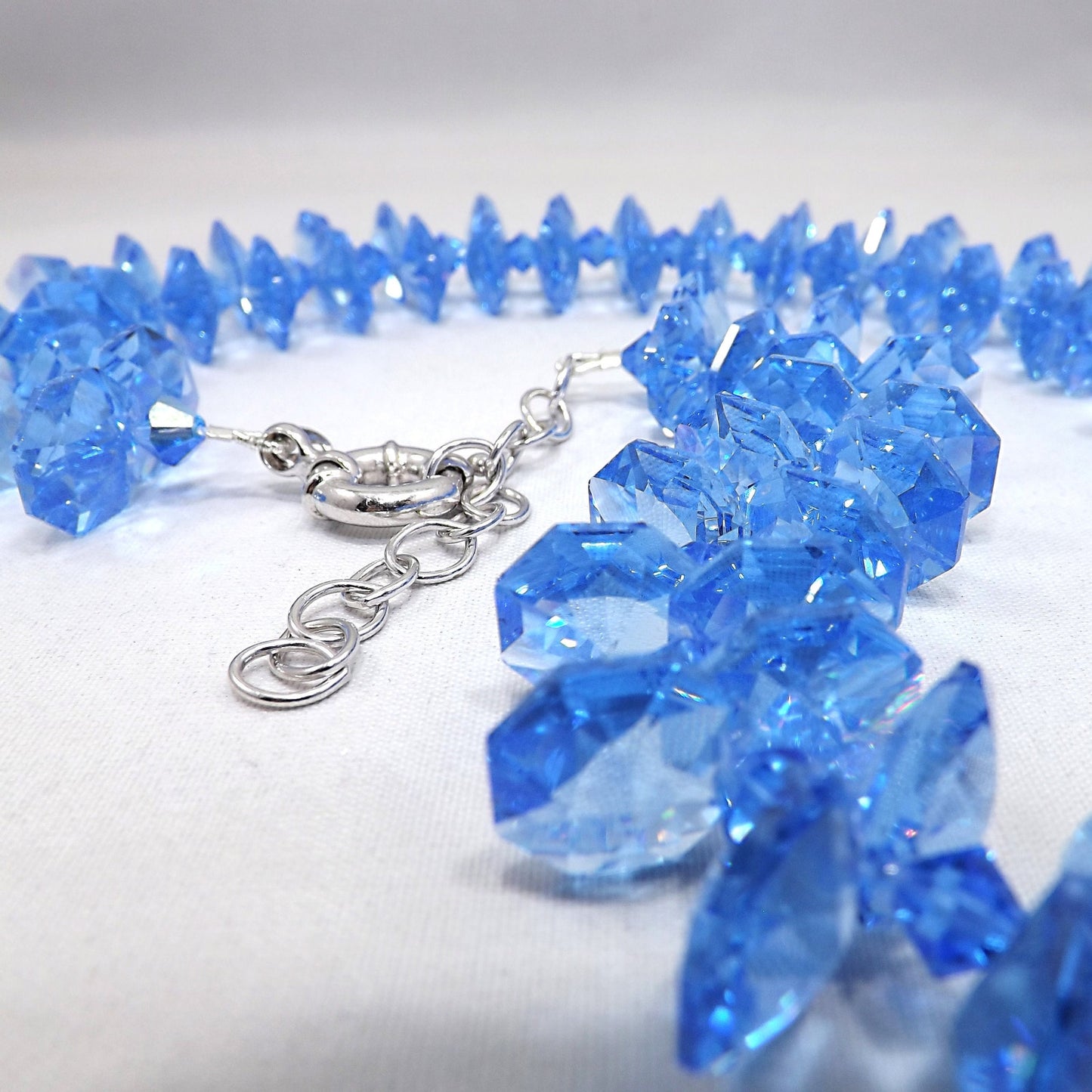 Blue Austrian Crystal Necklace, Side Hole Beads, 925 Silver Clasp, 1990s Vintage