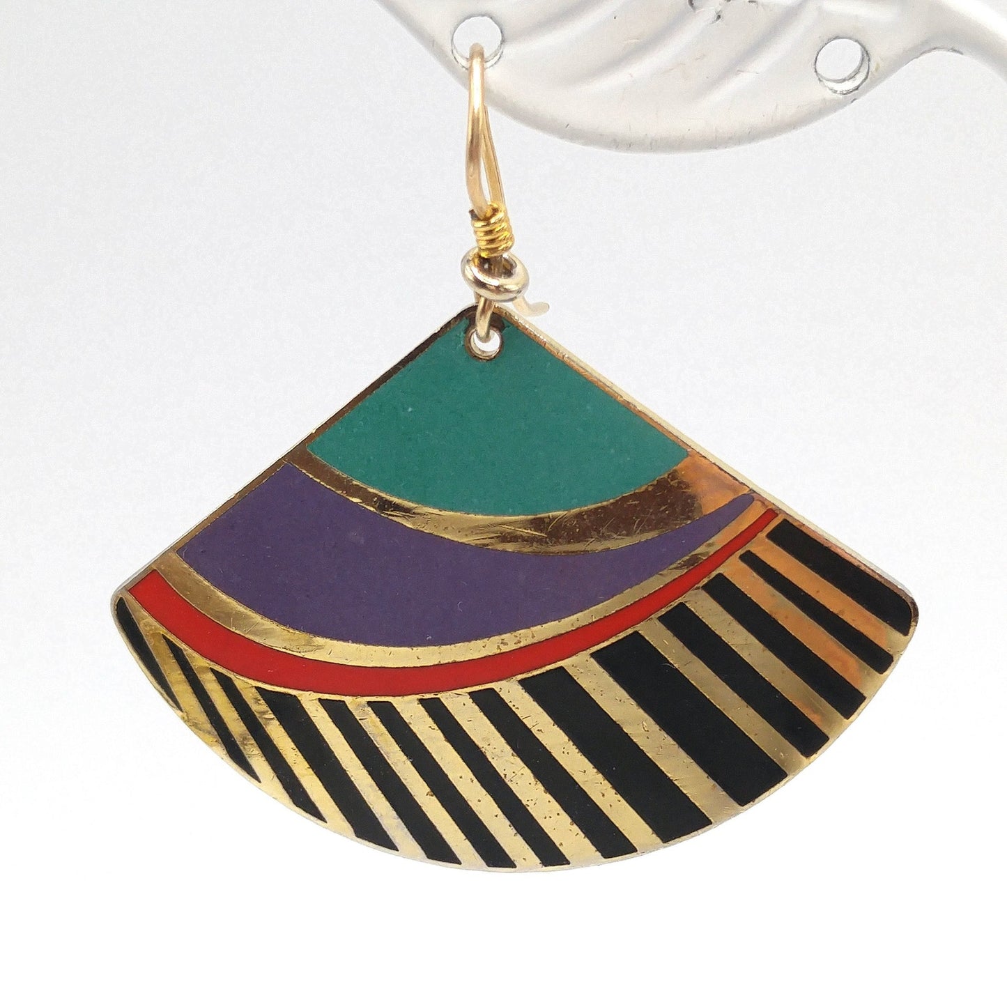 Vintage Laurel Burch Madrid Fan Earrings, Gold Plated, Teal Purple Black Enamel