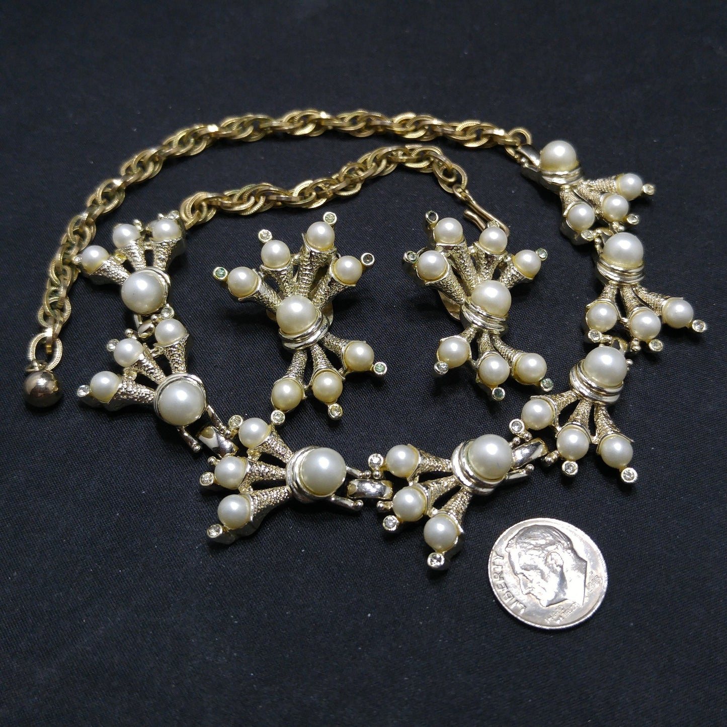 Kramer Faux Pearl Necklace Clip Earrings Set, 1960s Vintage Jewelry