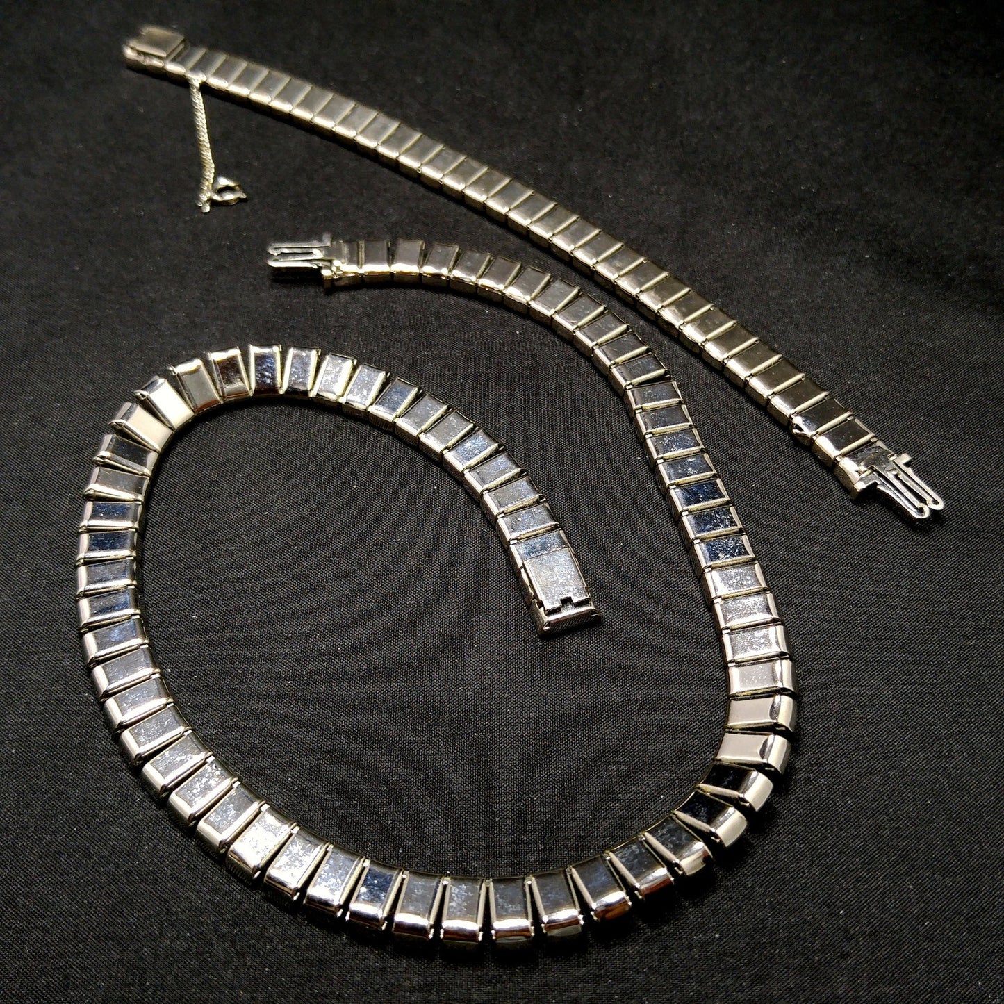 Art Deco Clear Rhinestone Choker Necklace Bracelet Set, Wedding Bridal, 1950s Vintage Jewelry