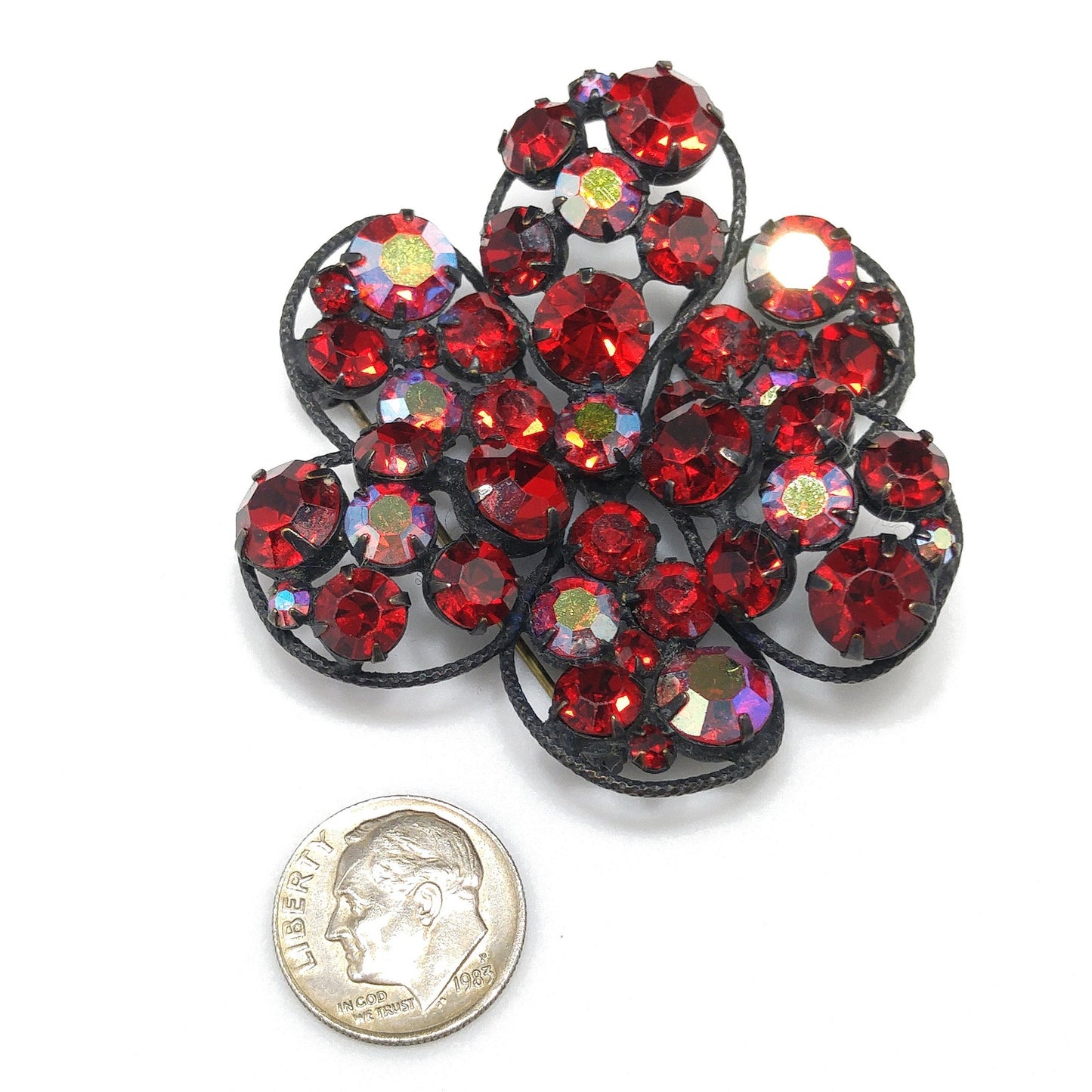 Vintage Regency Red Rhinestone Japanned Brooch, Aurora Borealis, 1960s Vintage Jewelry
