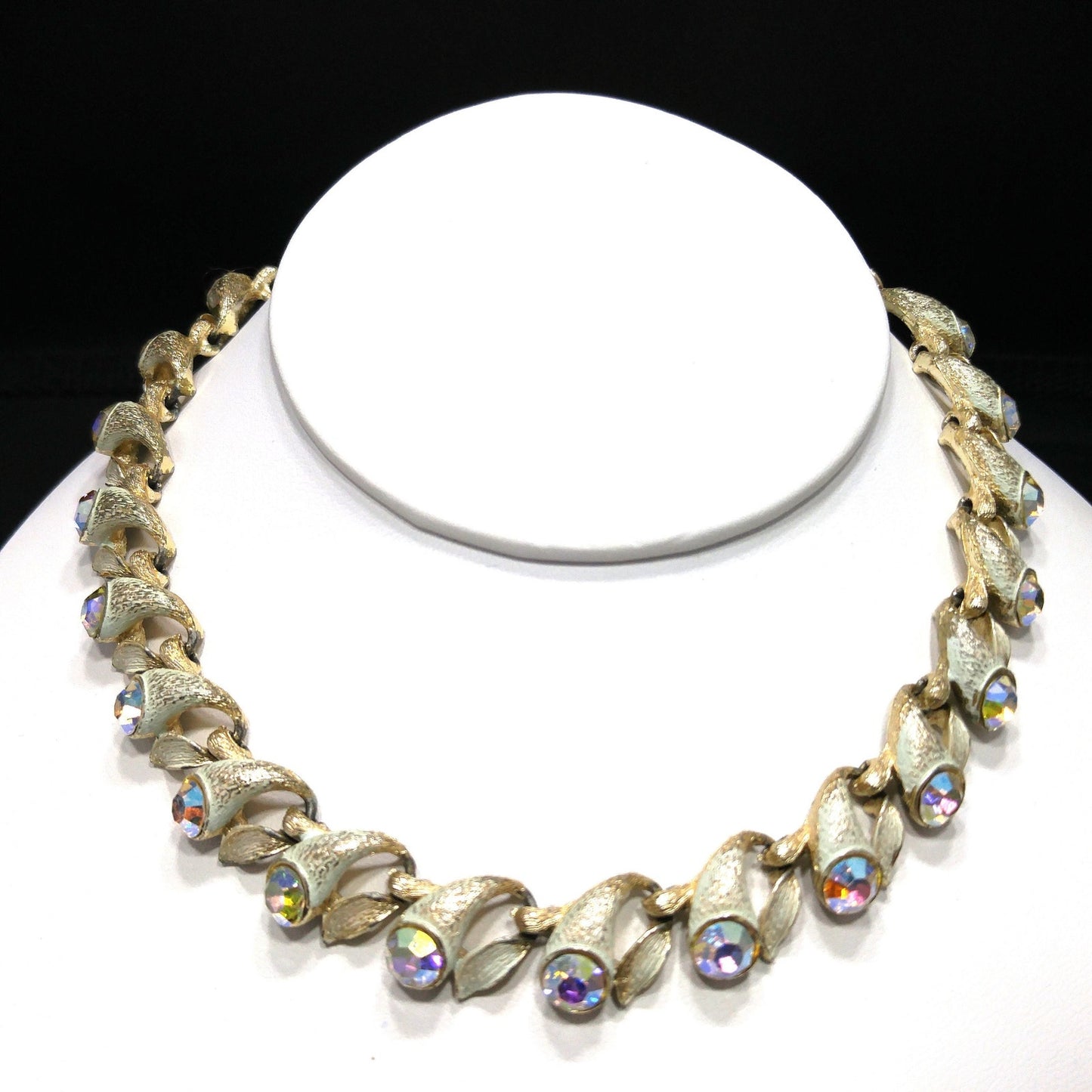 Brushed Gold Tone White Enamel Choker Necklace, Aurora Borealis Rhinestones, 1960s Vintage Jewelry