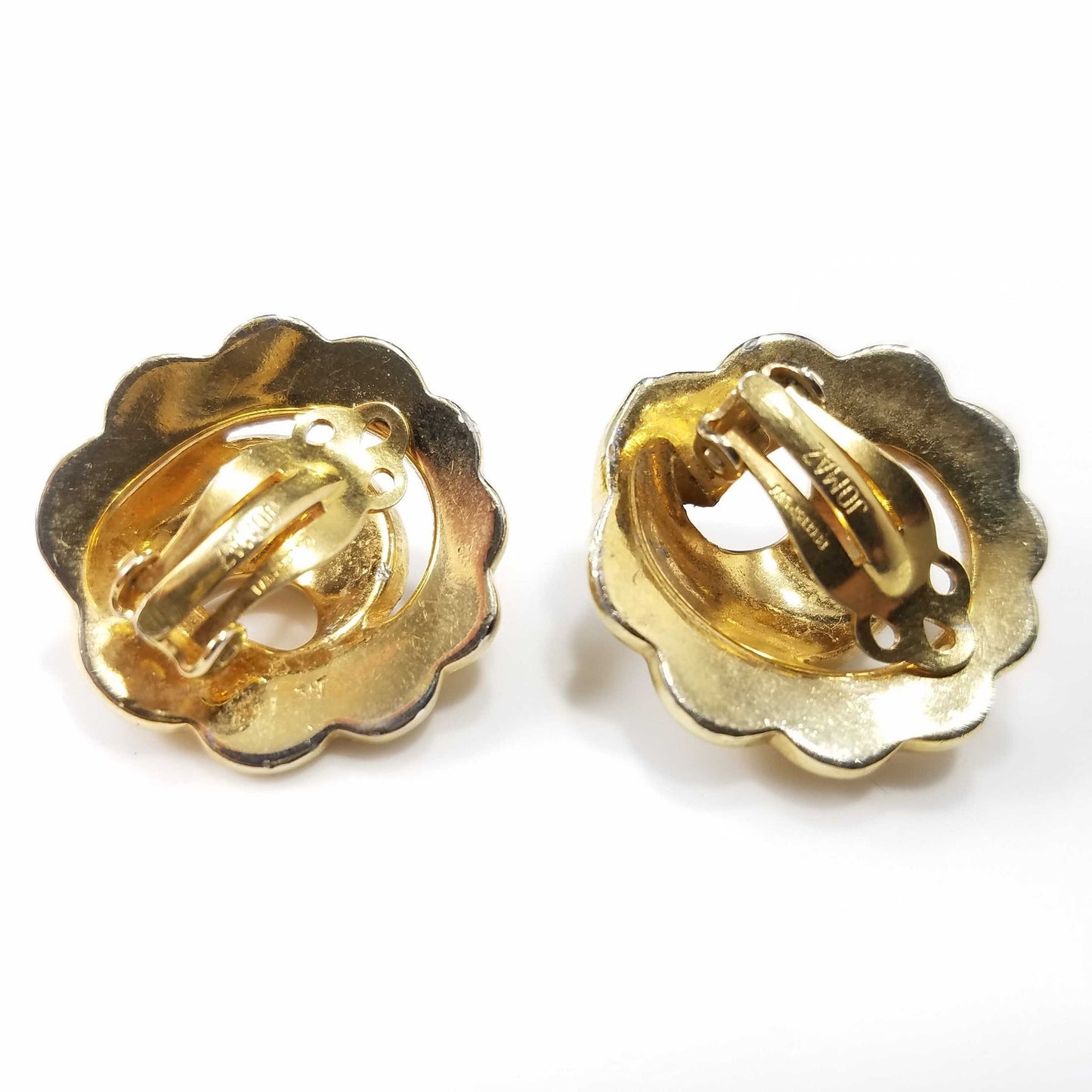 Vintage Jomaz Gold Plated Rhinestone Clip Earrings, Scalloped Edges, 1940s