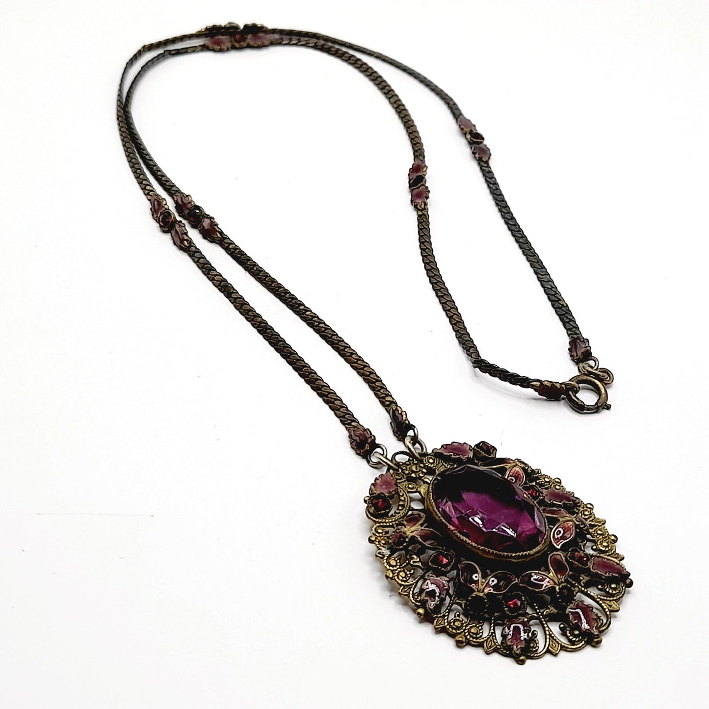 Antique Victorian Purple Glass Enamel Filigree Pendant Necklace, 27 Inches