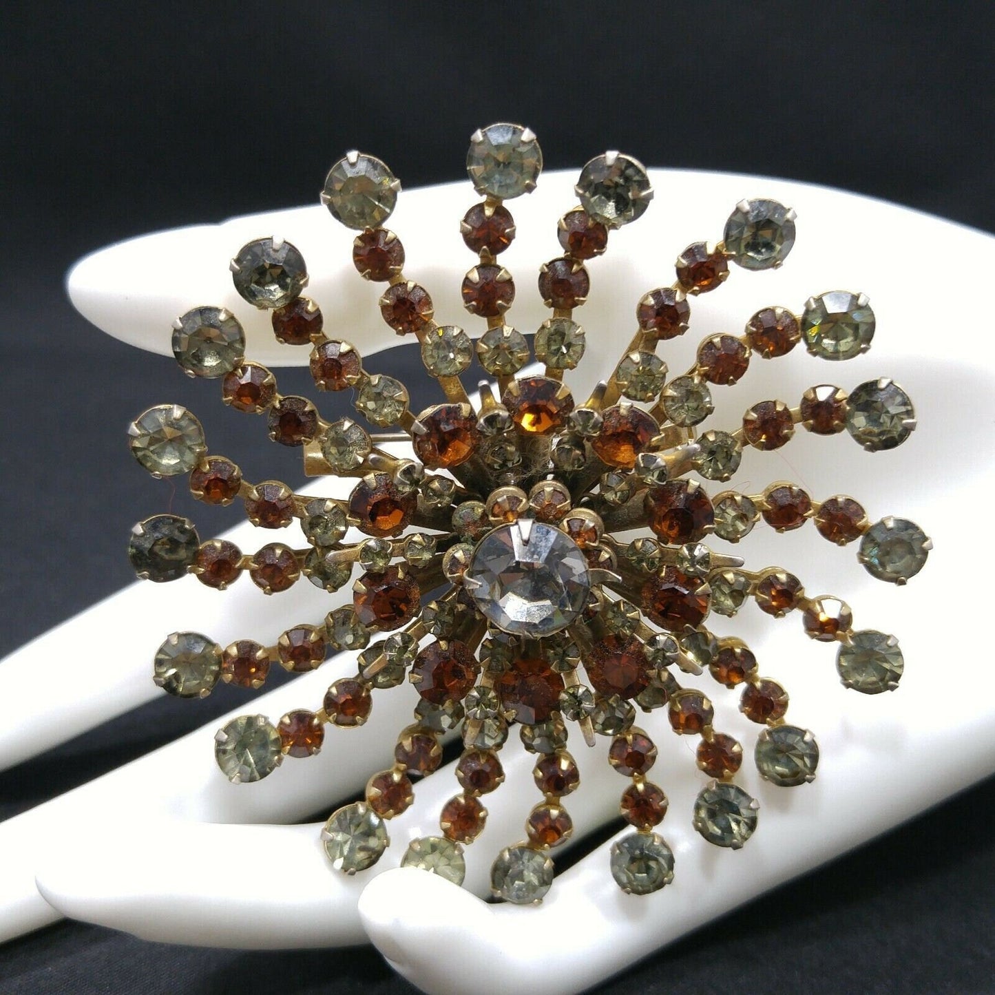 Vintage 1950s Rhinestone Flower Brooch Large Gray Topaz Floral Burst Pin