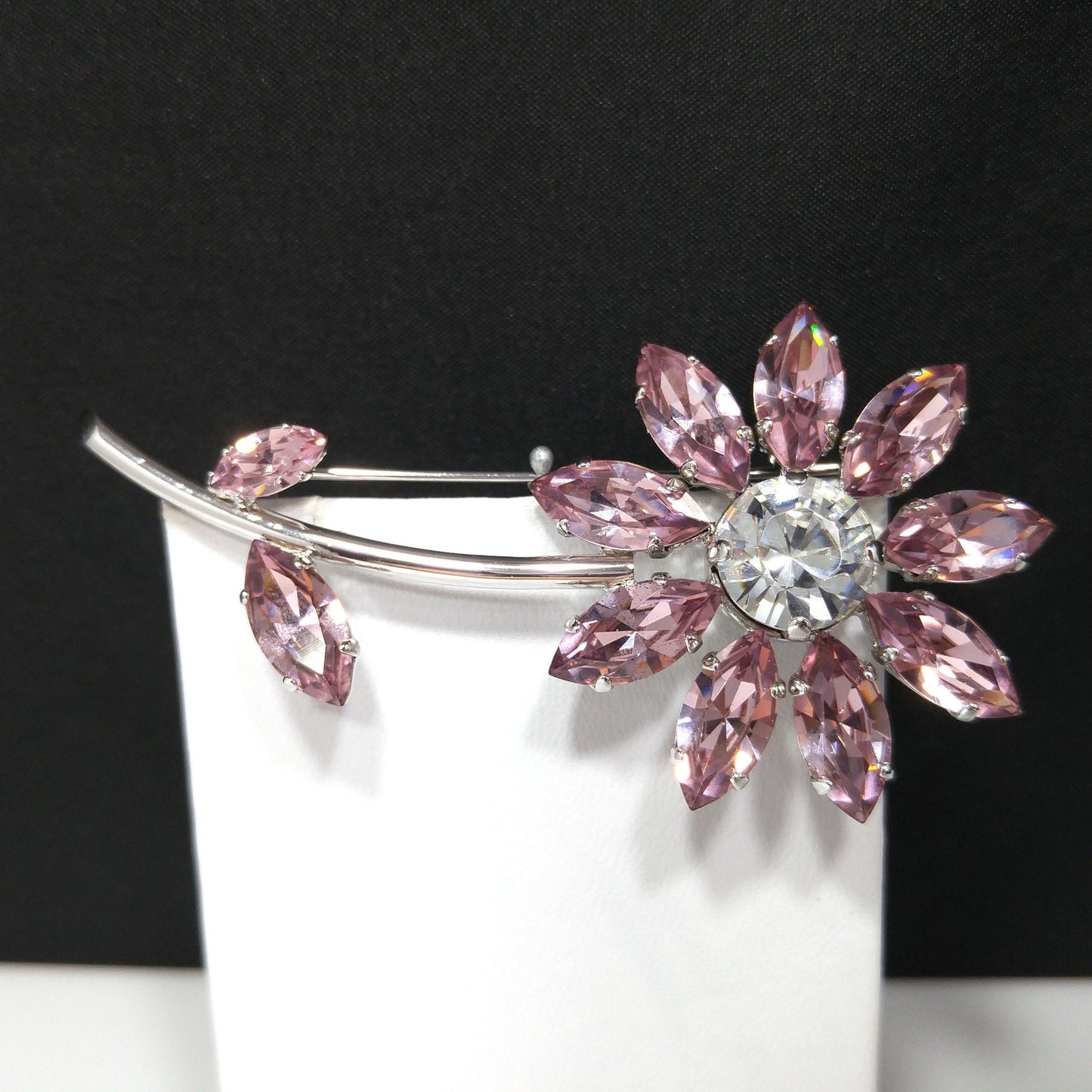 Swarovski Pink Crystal Flower Brooch, Clear Center, Swan Logo