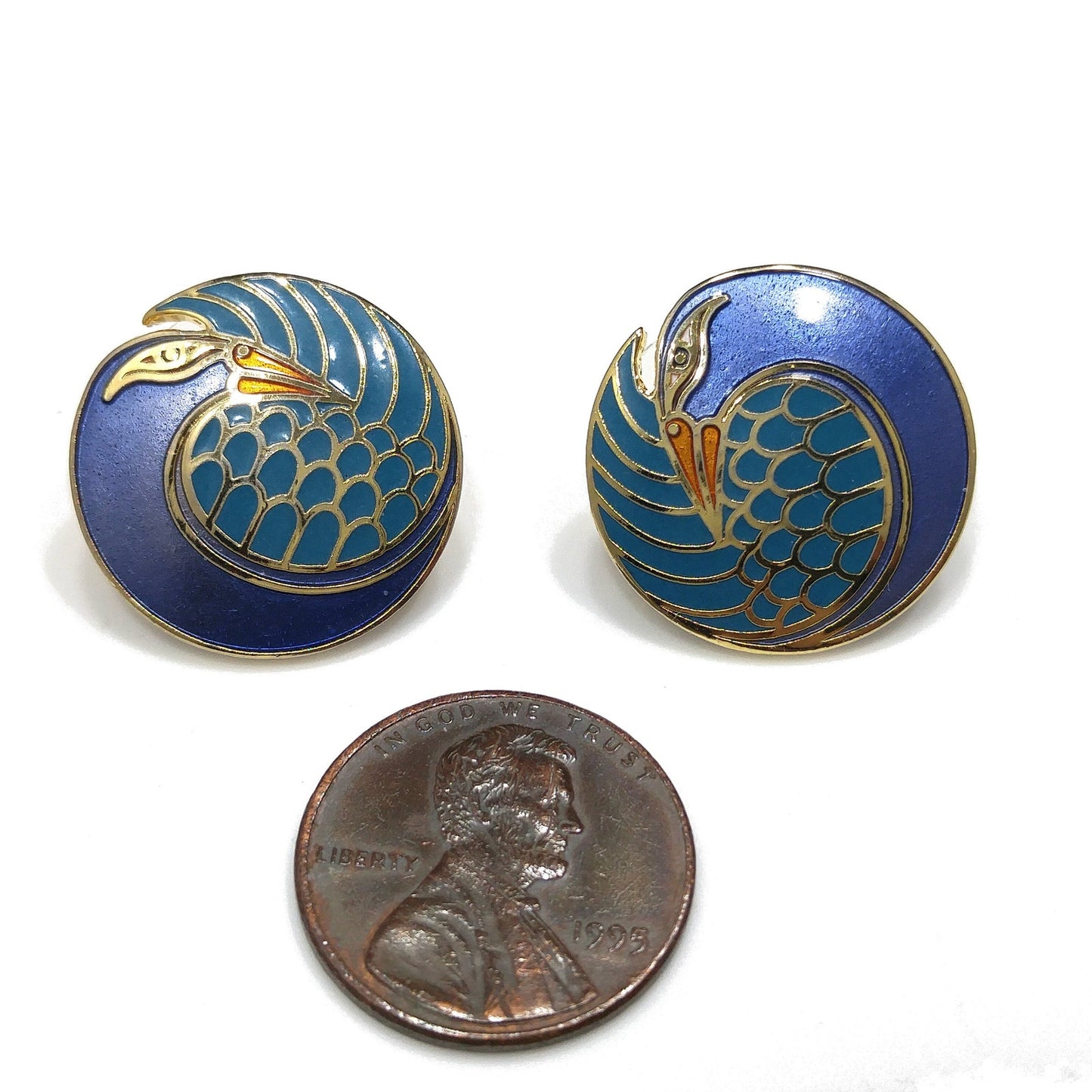 Laurel Burch "Mynah Bird" Blue Post Earrings, Gold Plated Cloisonné, 1980s