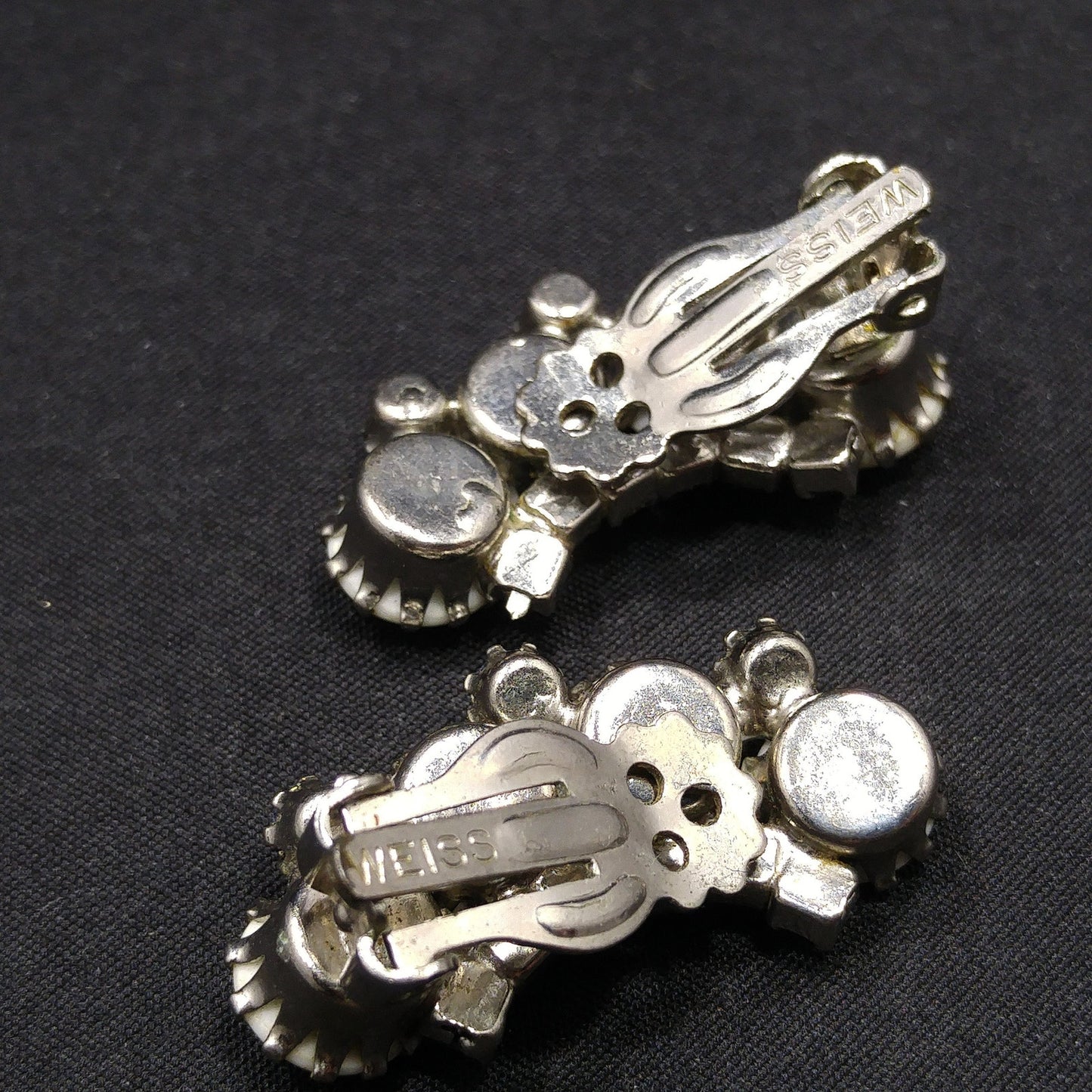 Weiss Aurora Borealis Blue Rhinestone Clip Earrings, White Milk Glass Cabochons, Ear Climbers, 1960s Vintage Jewelry