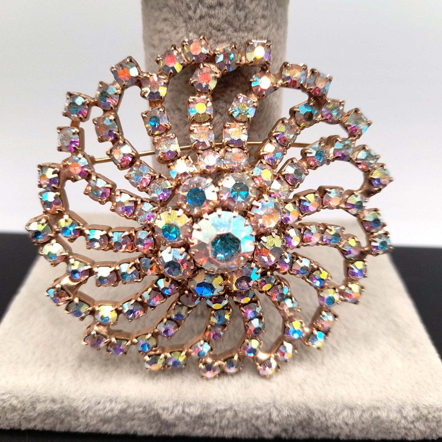 Mid-Century Aurora Borealis Rhinestone Brooch, Gold Plated, 1960s Vintage Jewelry