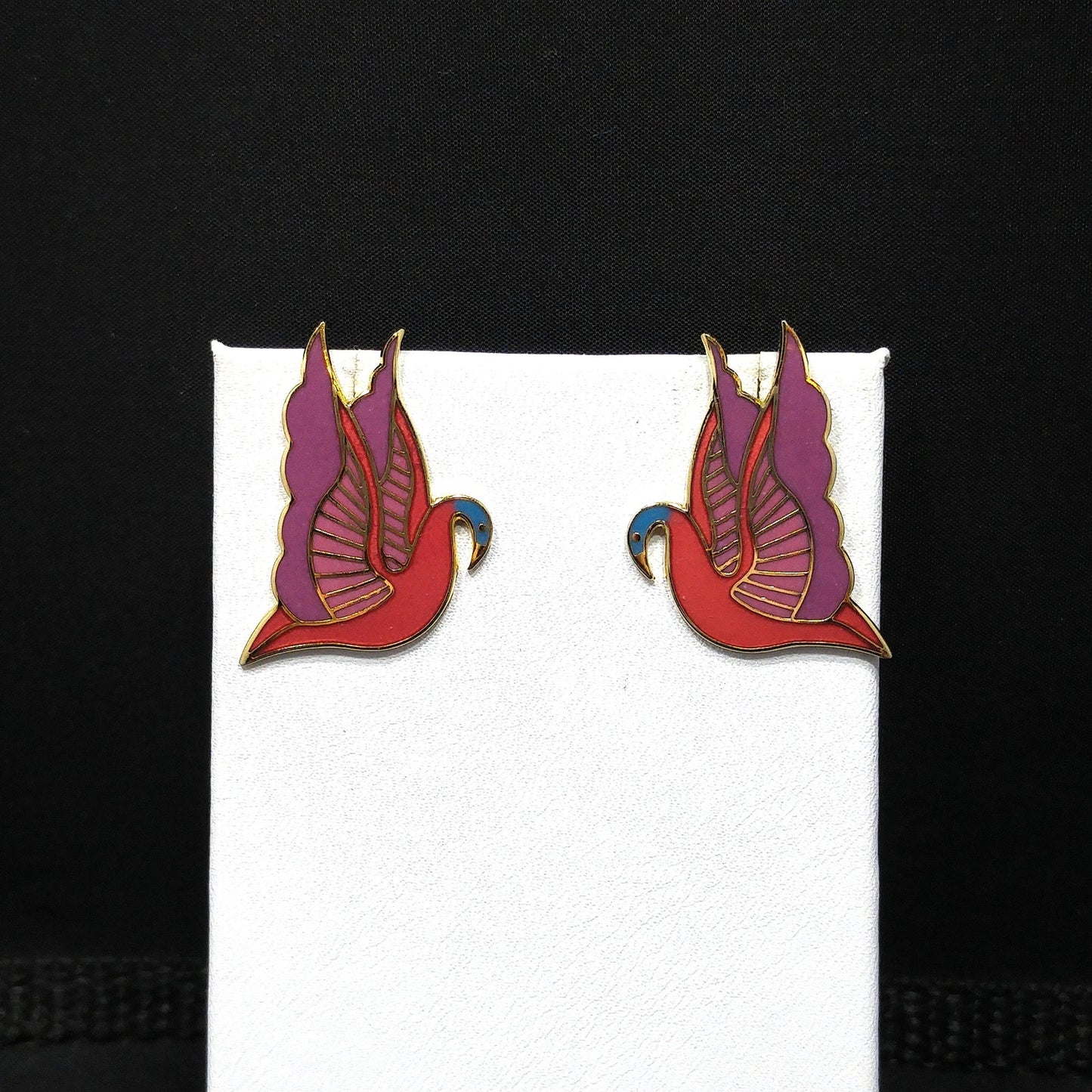 Laurel Burch "Swan" Cloisonné Post Earrings, Red Purple Pink Blue Enamel, Gold Plate, 1980s Vintage Jewelry