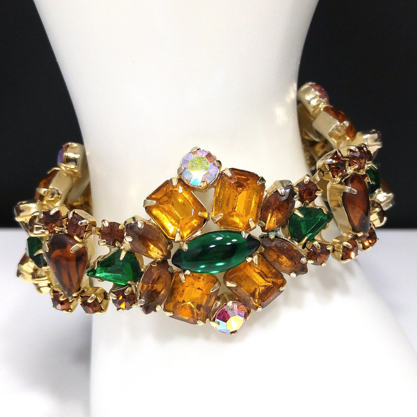 Light Topaz & Green Rhinestone Bracelet, Gold Plated, Aurora Borealis, 1960s Vintage Jewelry