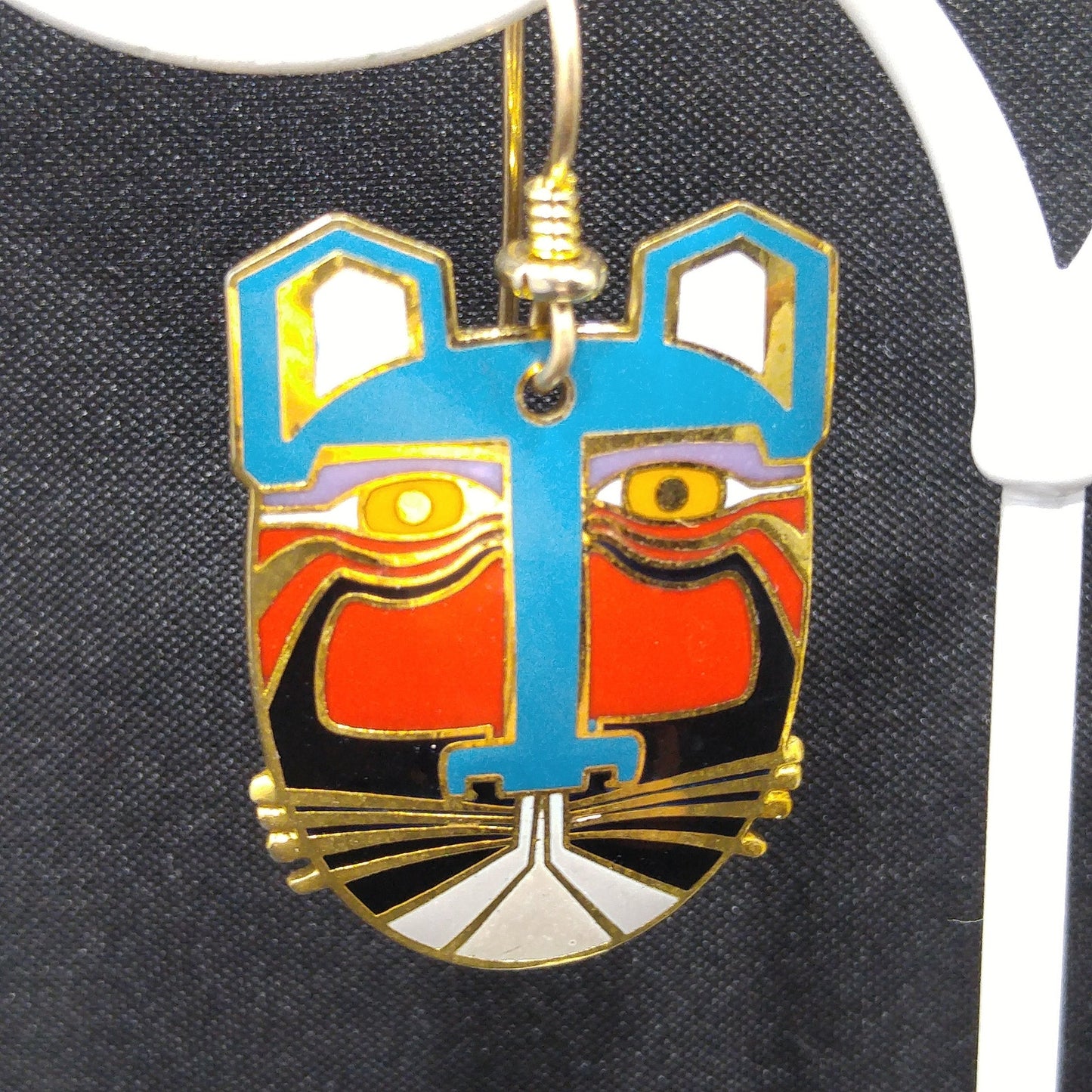 Laurel Burch "Miikio" Earrings, Gold Plated Enamel Large Cat Faces, 1980s Vintage Jewelry