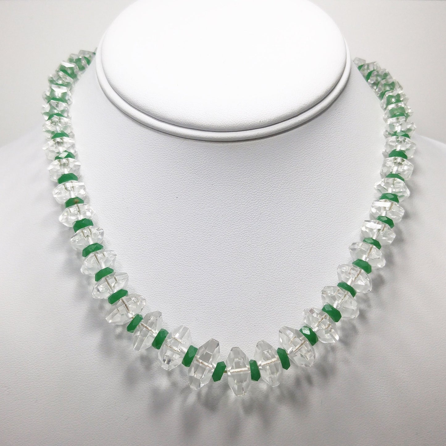 Art Deco Clear Quartz Beaded Necklace, Green Glass Spacer Beads, 1920s, 14KGF
