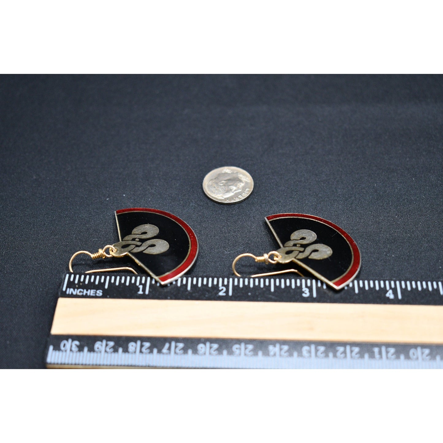 Laurel Burch Large Fan Love Knot Earrings, Cloisonne Gold Plated, Enamel Red Black, 1980s Vintage Jewelry
