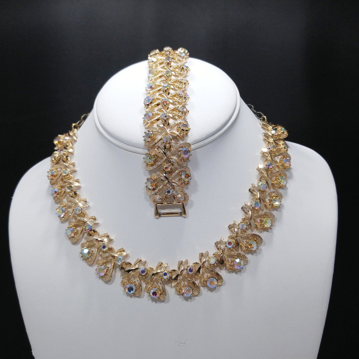 Arthur Pepper "Art" Necklace & Bracelet, Aurora Borealis Rhinestones, 1960s Vintage Jewelry