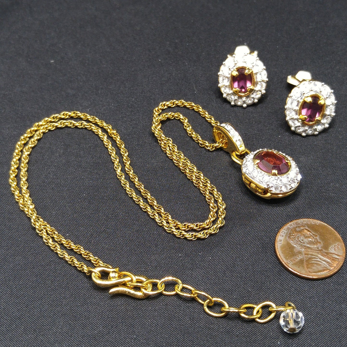 Vintage Swarovski Swan Logo Purple Crystal Locket Necklace & Earrings Set 1990s