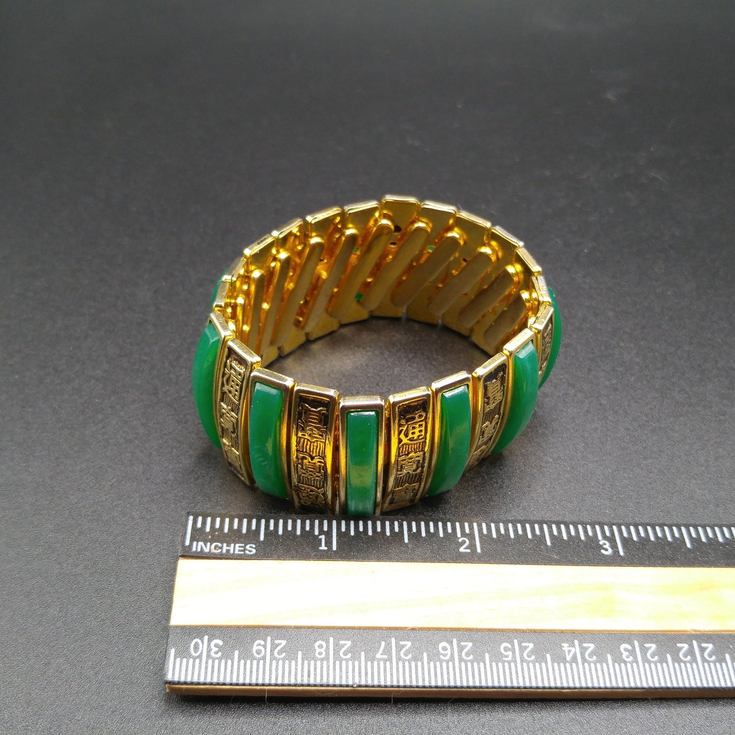 Asian Expansion Wide Bracelet, Green Lucite, Asian Writing, 1960s Vintage Jewelry