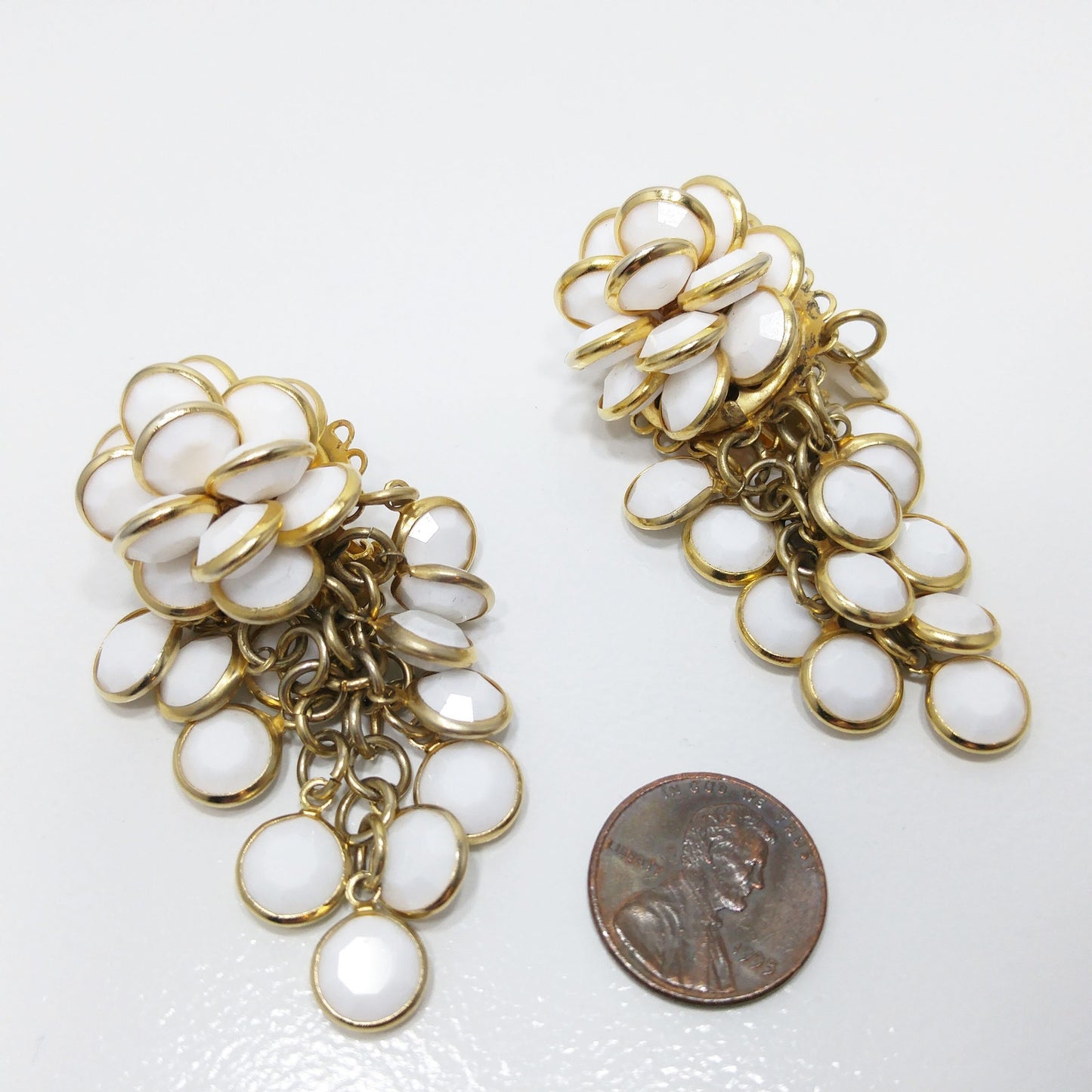 Vintage Sorrelli White Crystal Cluster Clip Earrings 1990s Gold Tone Signed
