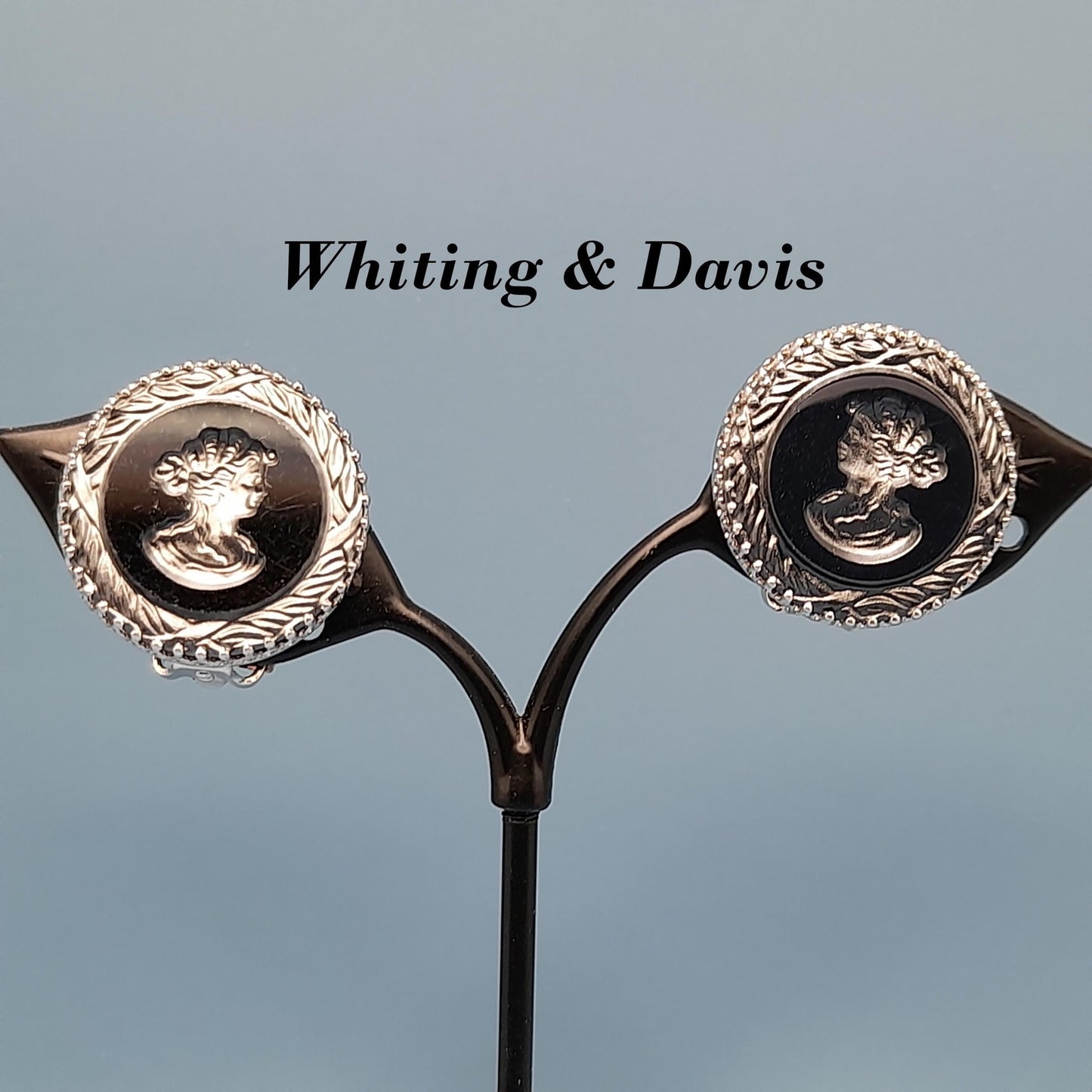 Vintage Whiting & Davis Cameo Clip Earrings, Reverse Intaglio, Silver Tone