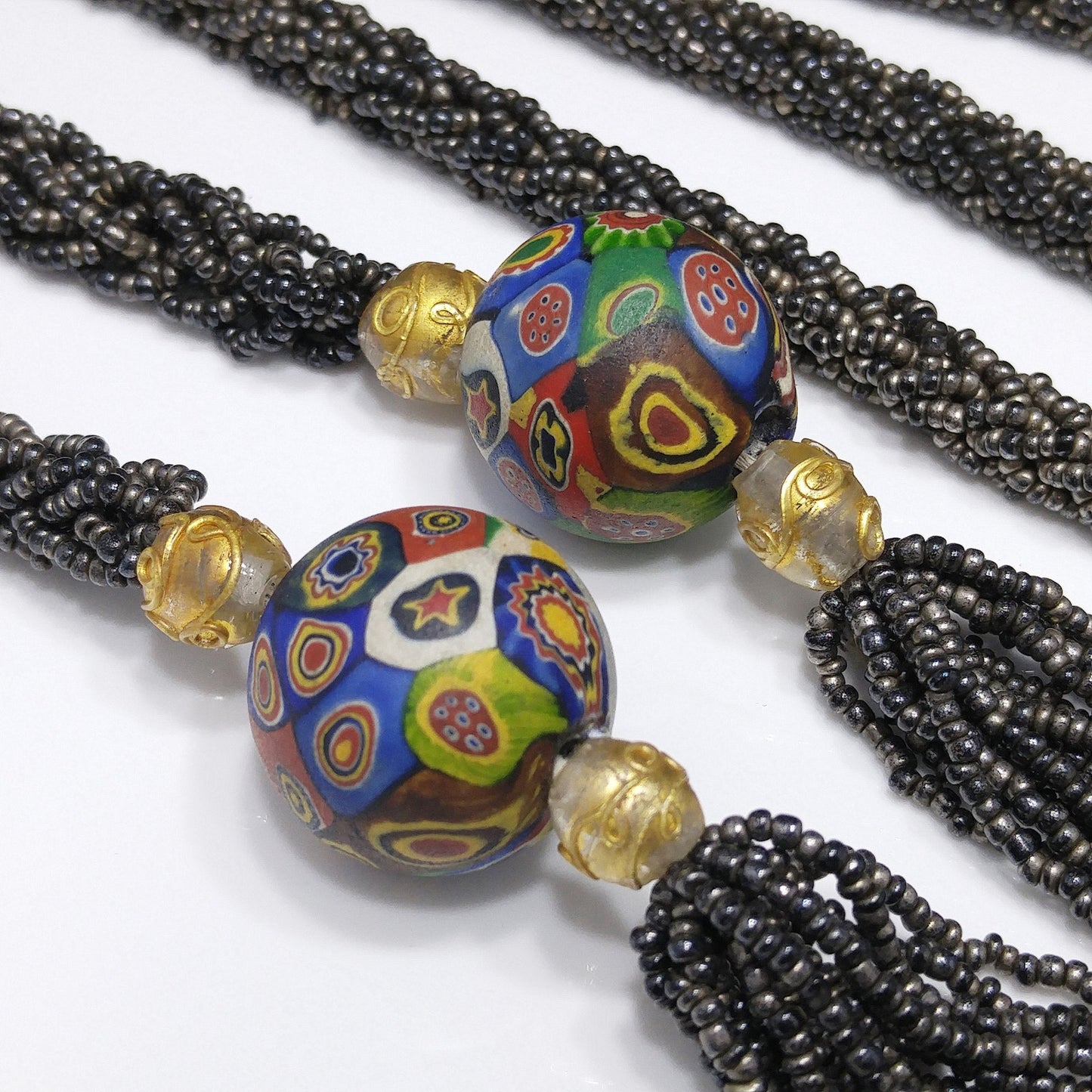 Vintage Art Deco Murano Millefiori Seed Bead Lariat Flapper Necklace, 1920s